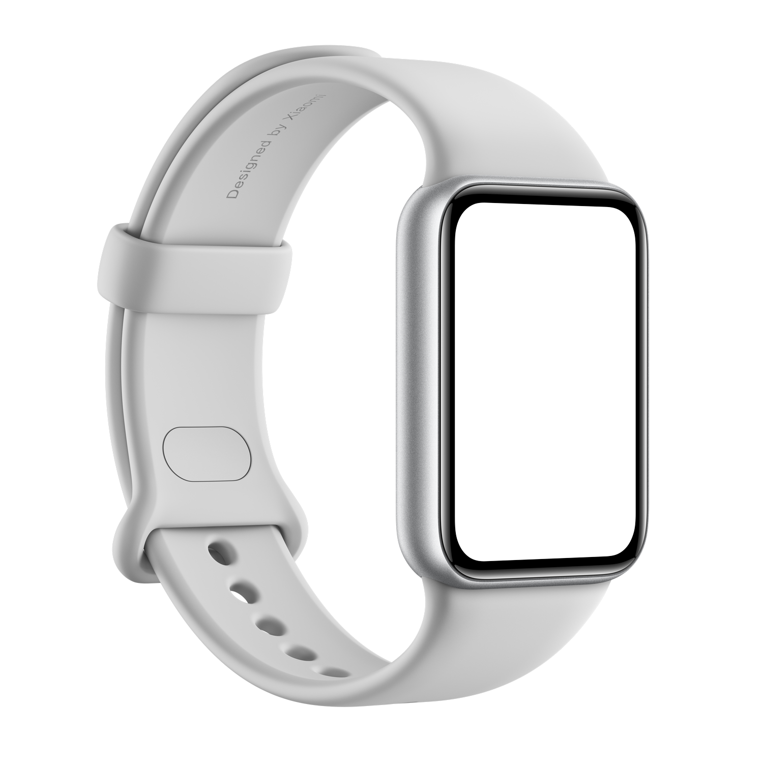 Un reloj inteligente blanco con carcasa plateada y pantalla oscura.