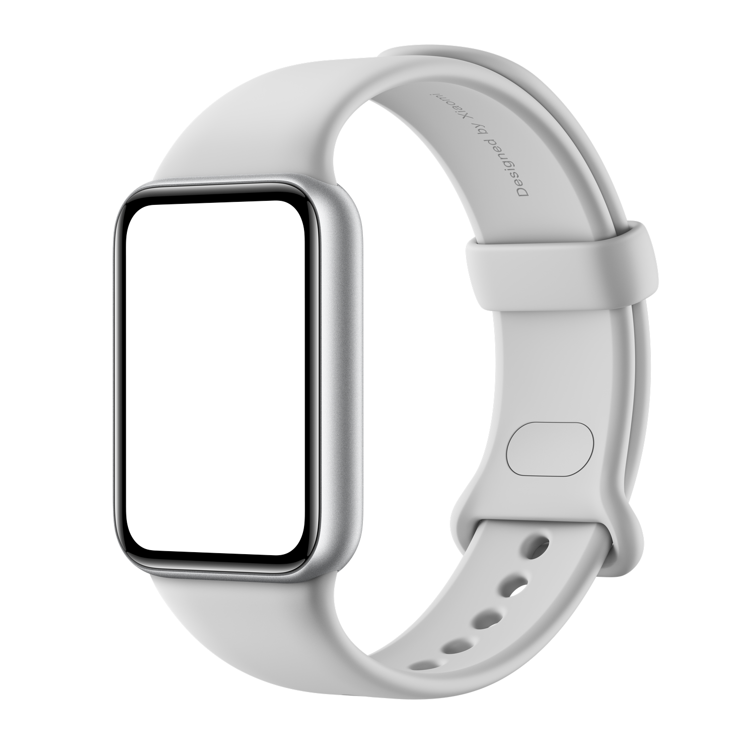 Un reloj inteligente blanco con marco plateado y pantalla gris en blanco sobre fondo gris.