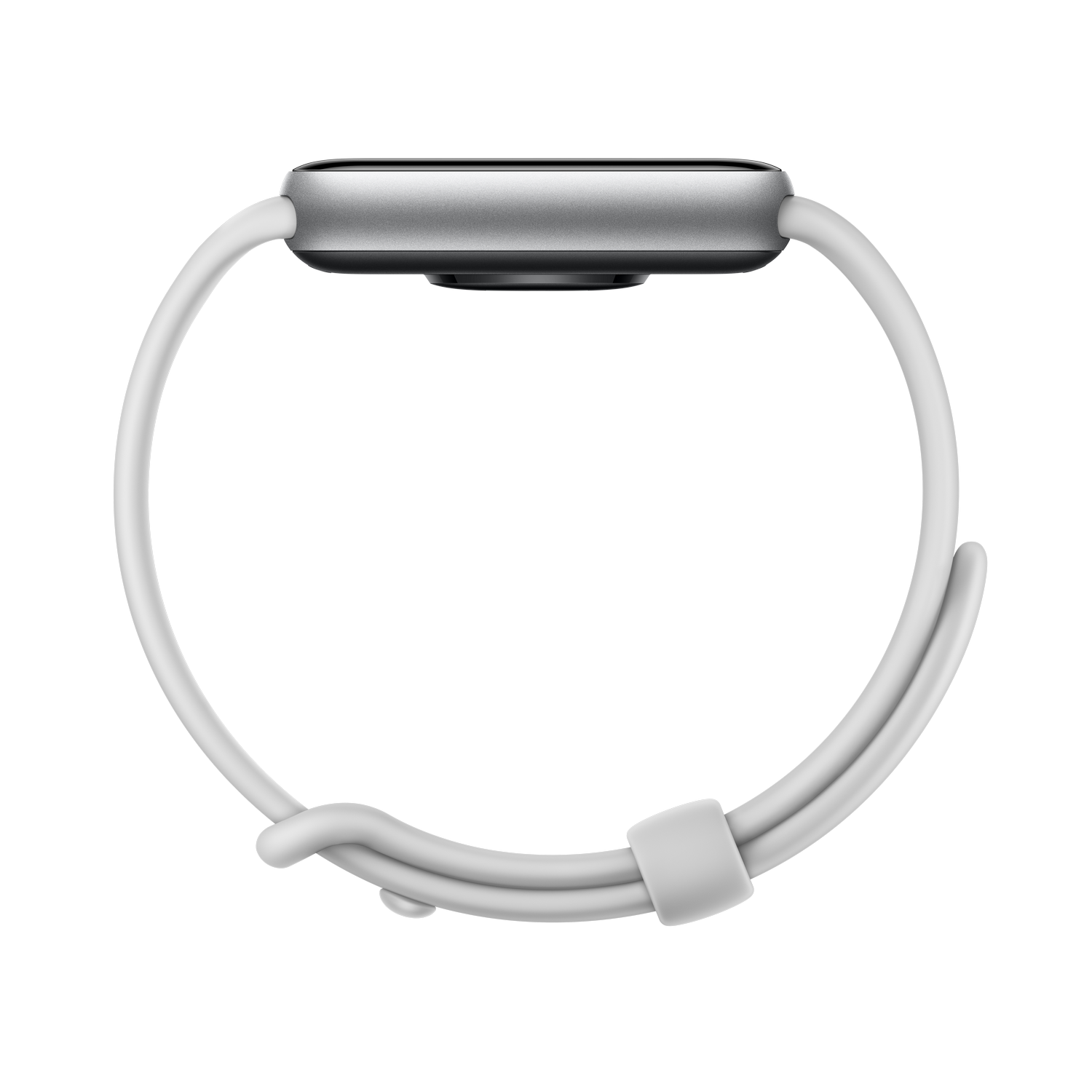 Un reloj inteligente blanco con carcasa plateada sobre fondo gris.