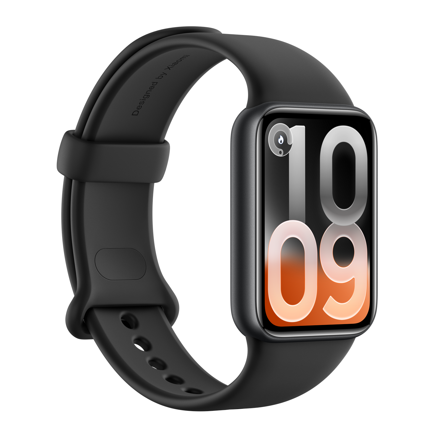 Reloj inteligente negro con hora plateada 10:09 y un icono de llama.