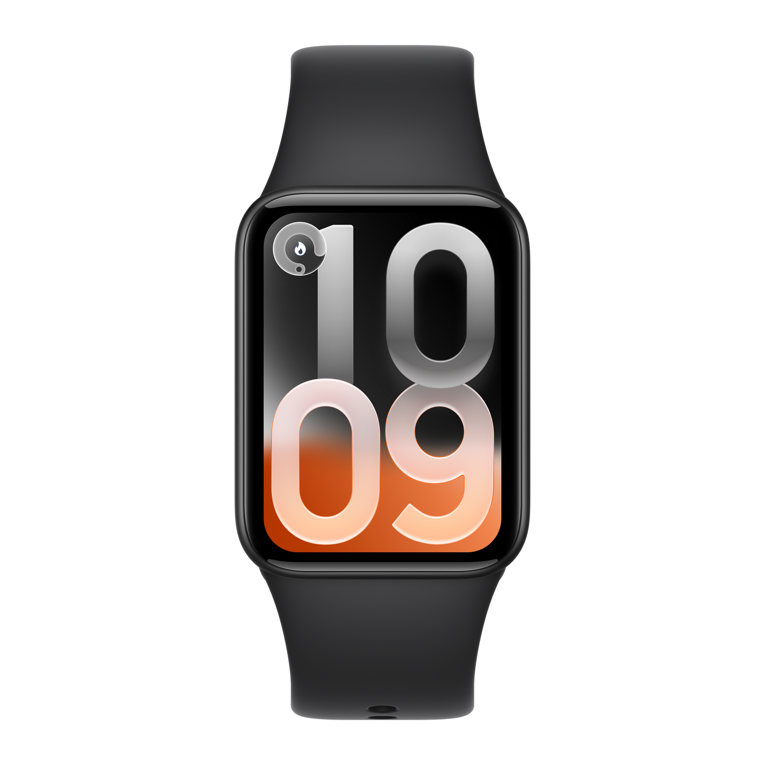 Un reloj inteligente negro muestra las 10:09 con fondo degradado naranja.