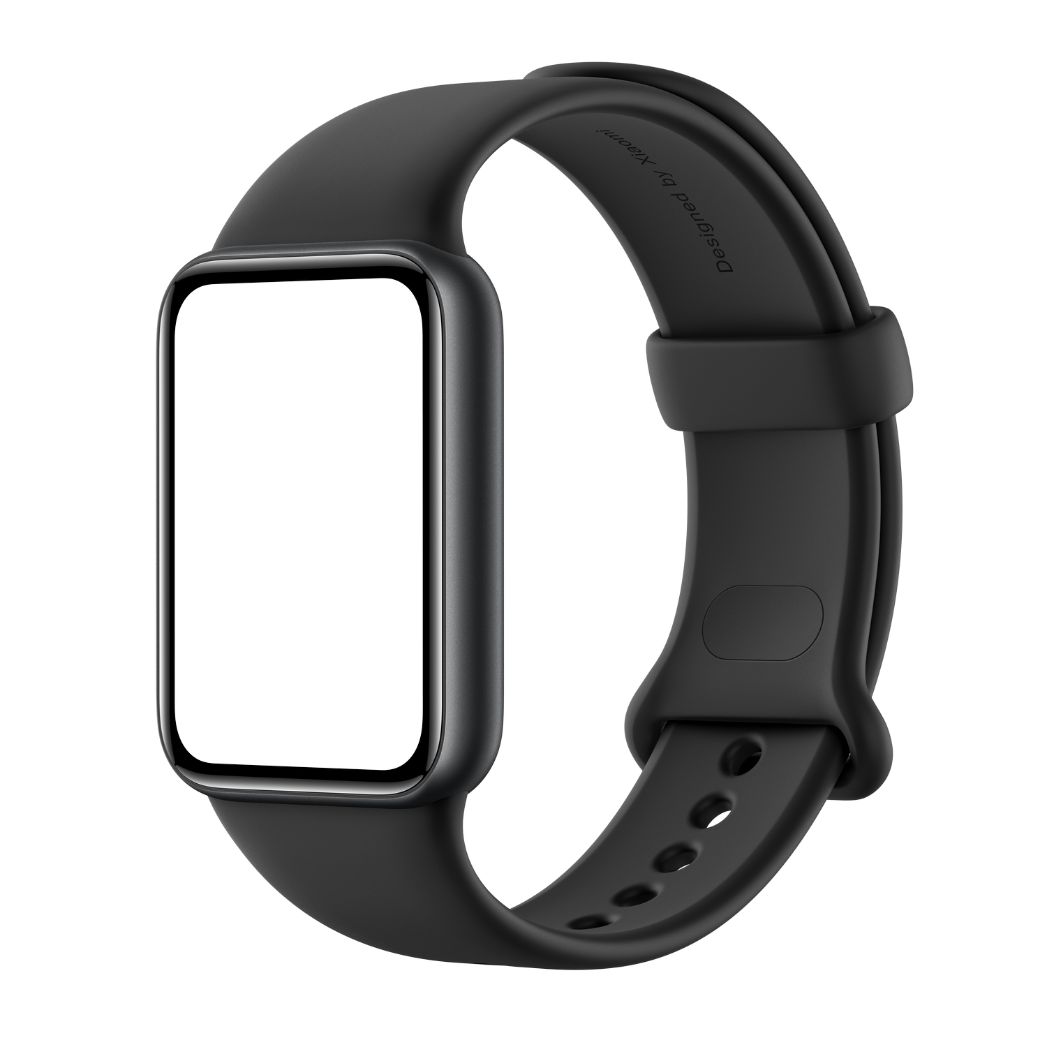 Una pulsera inteligente Xiaomi negra con pantalla en blanco y correa ajustable.
