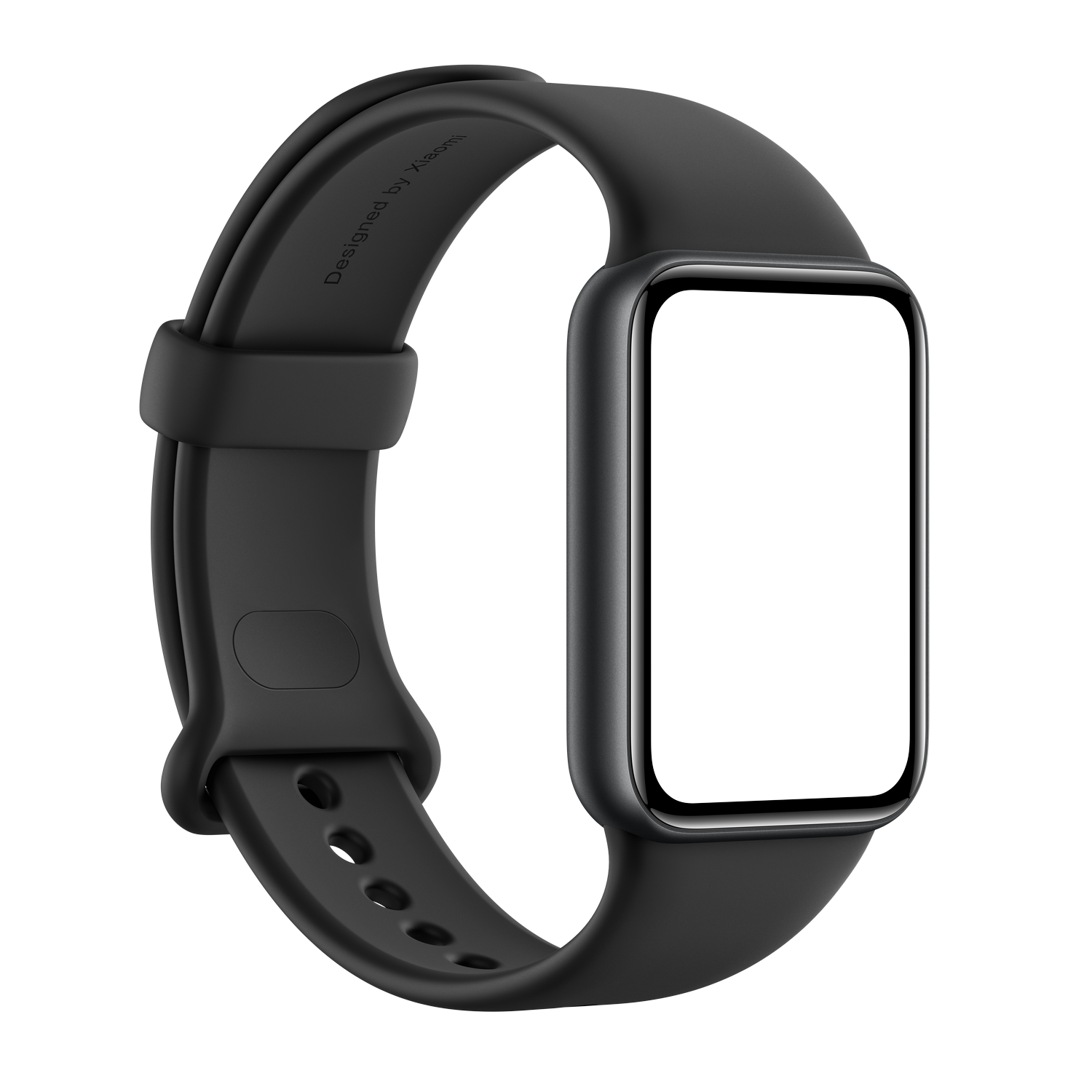 Pulsera negra de smartwatch con pantalla rectangular y texto.