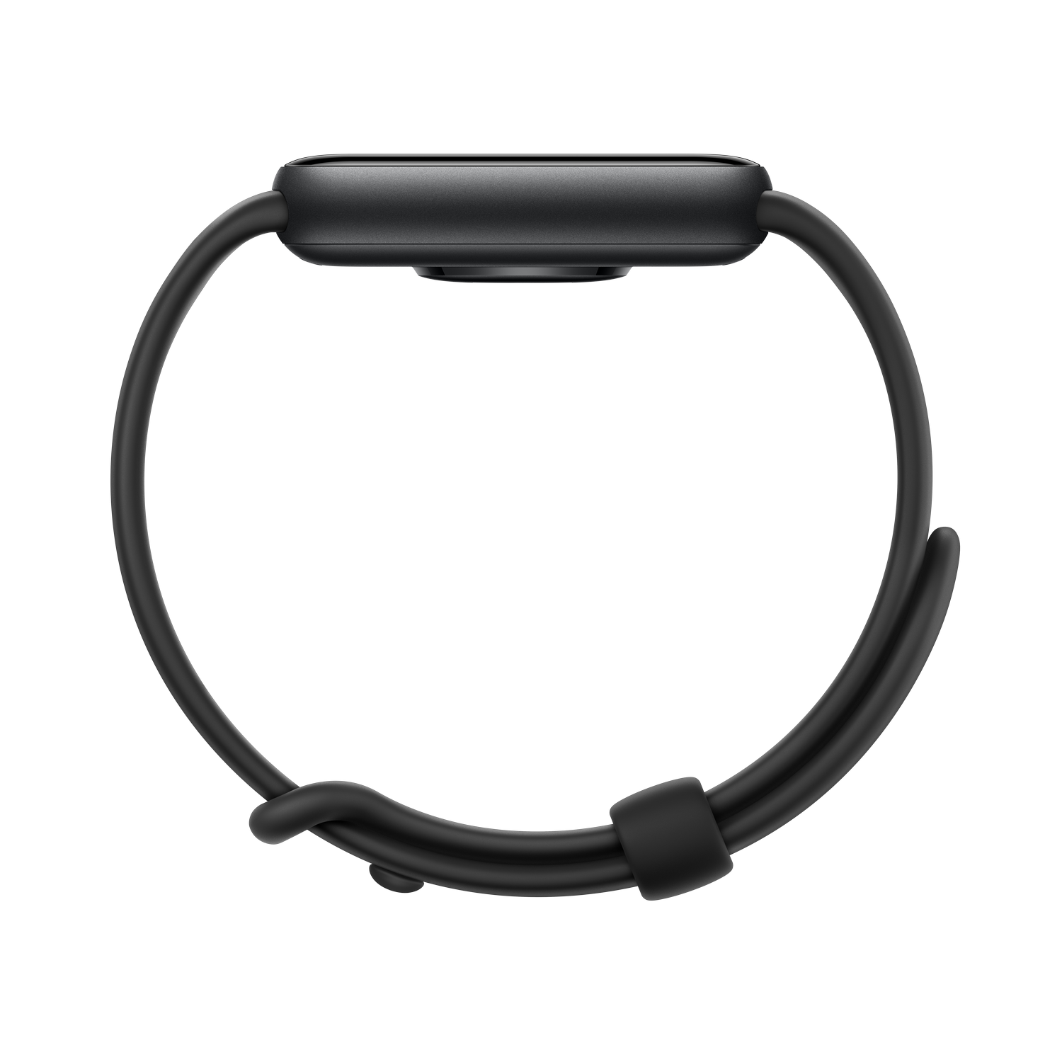 Un reloj inteligente negro con pantalla rectangular y correa delgada.