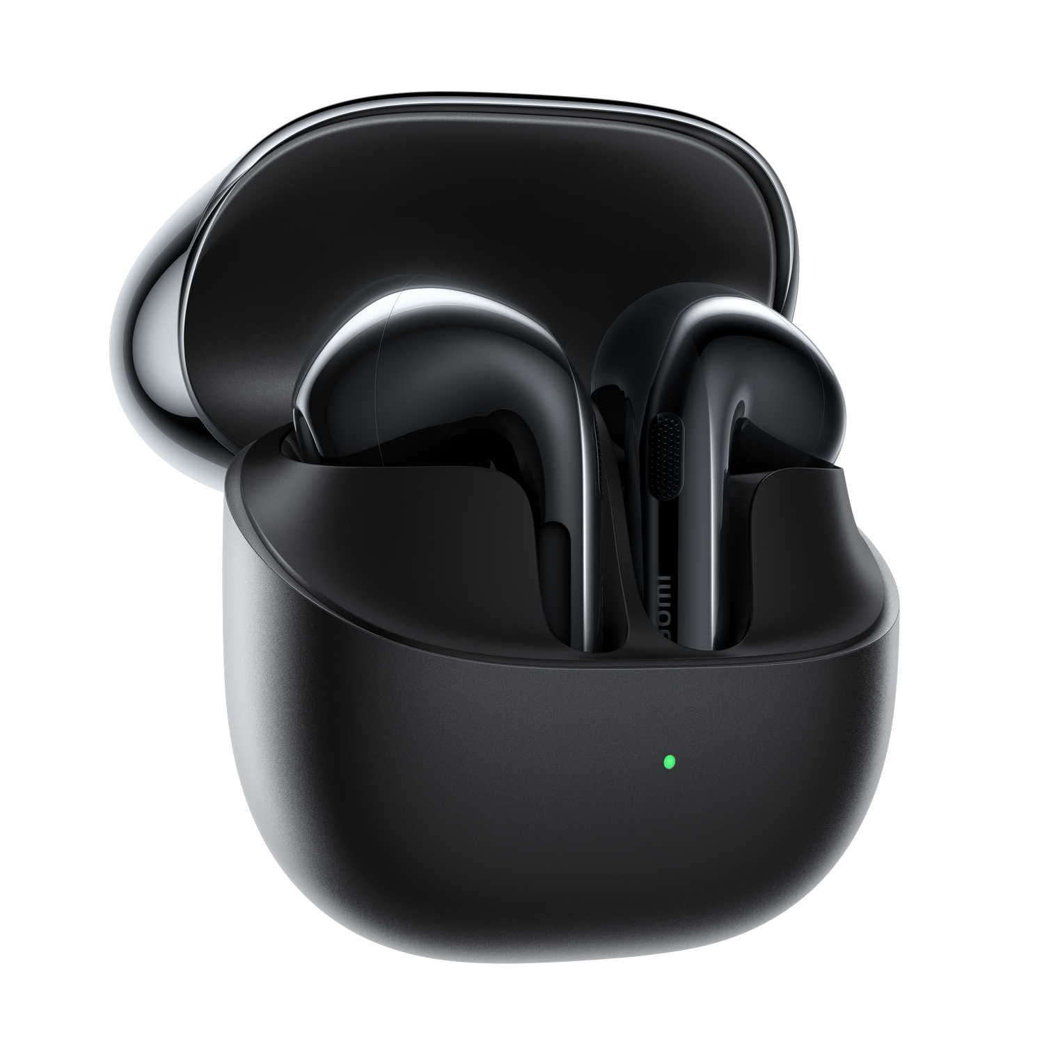 Auriculares inalámbricos negros en un estuche de carga abierto con luz indicadora verde.