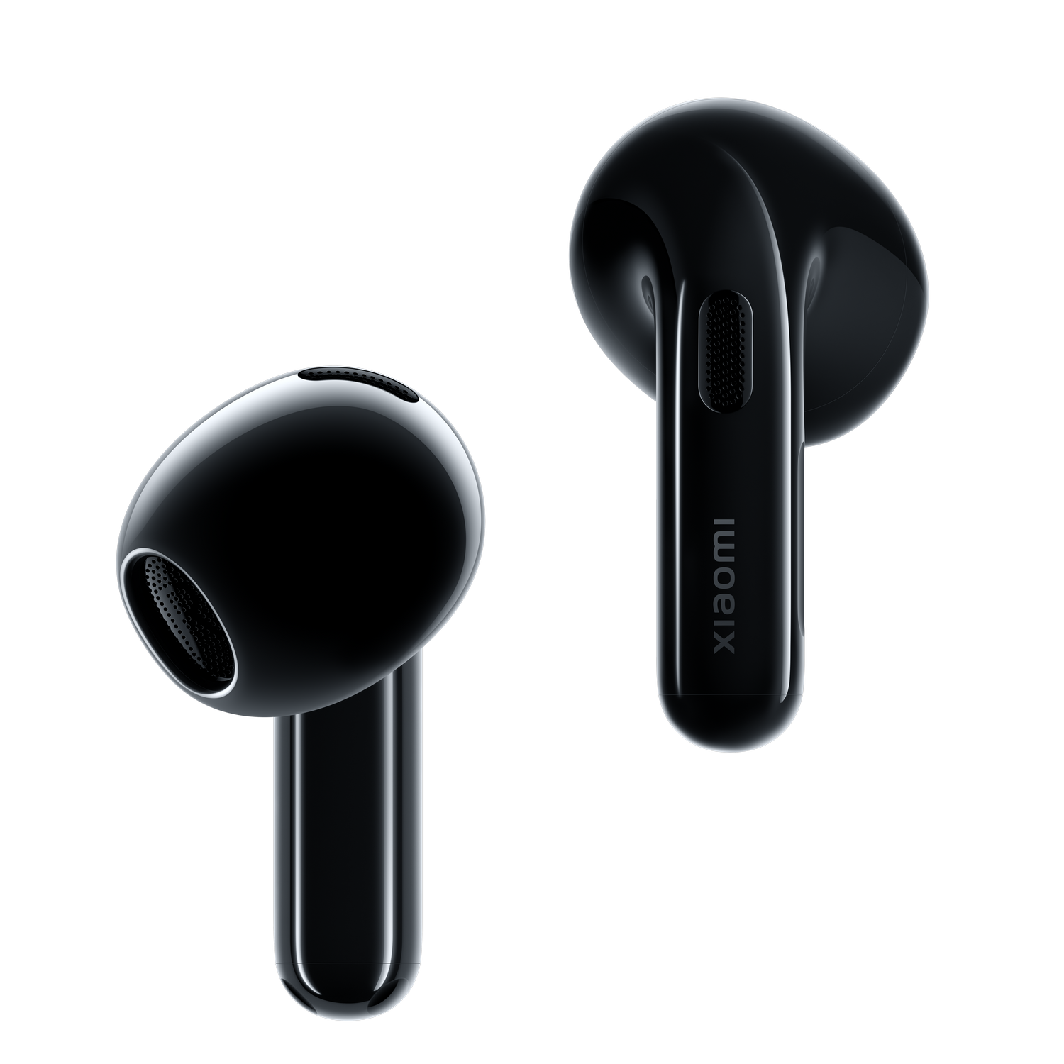 Dos auriculares Xiaomi negros y brillantes se muestran sobre un fondo gris. El auricular izquierdo muestra la rejilla del altavoz. El auricular derecho tiene el logo de Xiaomi.