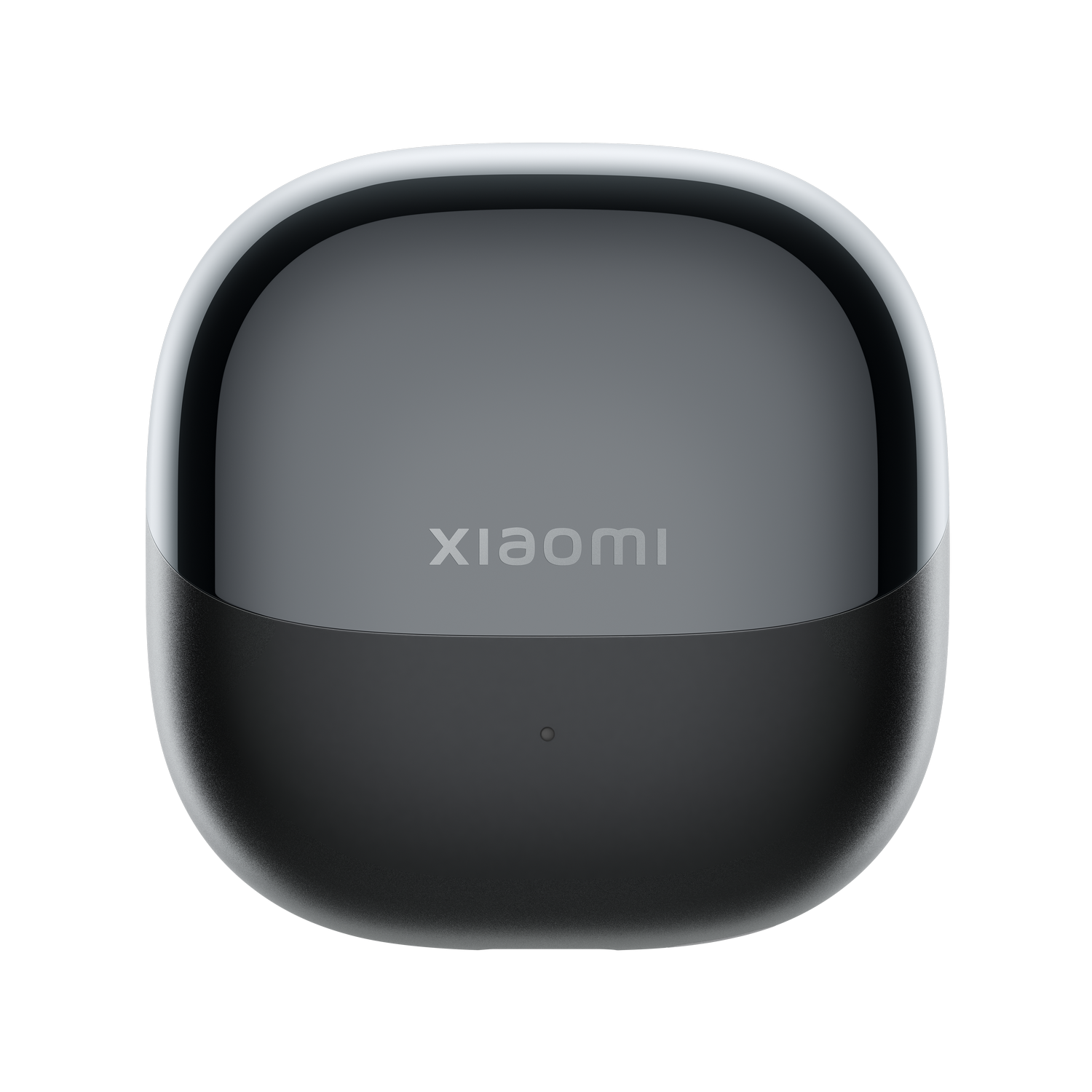Un estuche de carga gris brillante cerrado con el logo de Xiaomi.
