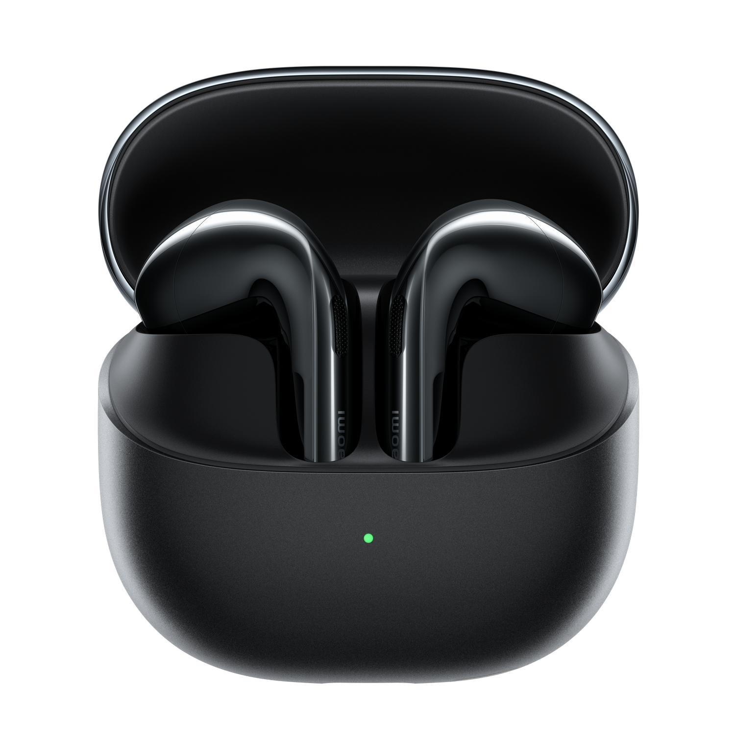 Auriculares inalámbricos negros en un estuche de carga abierto con luz verde.