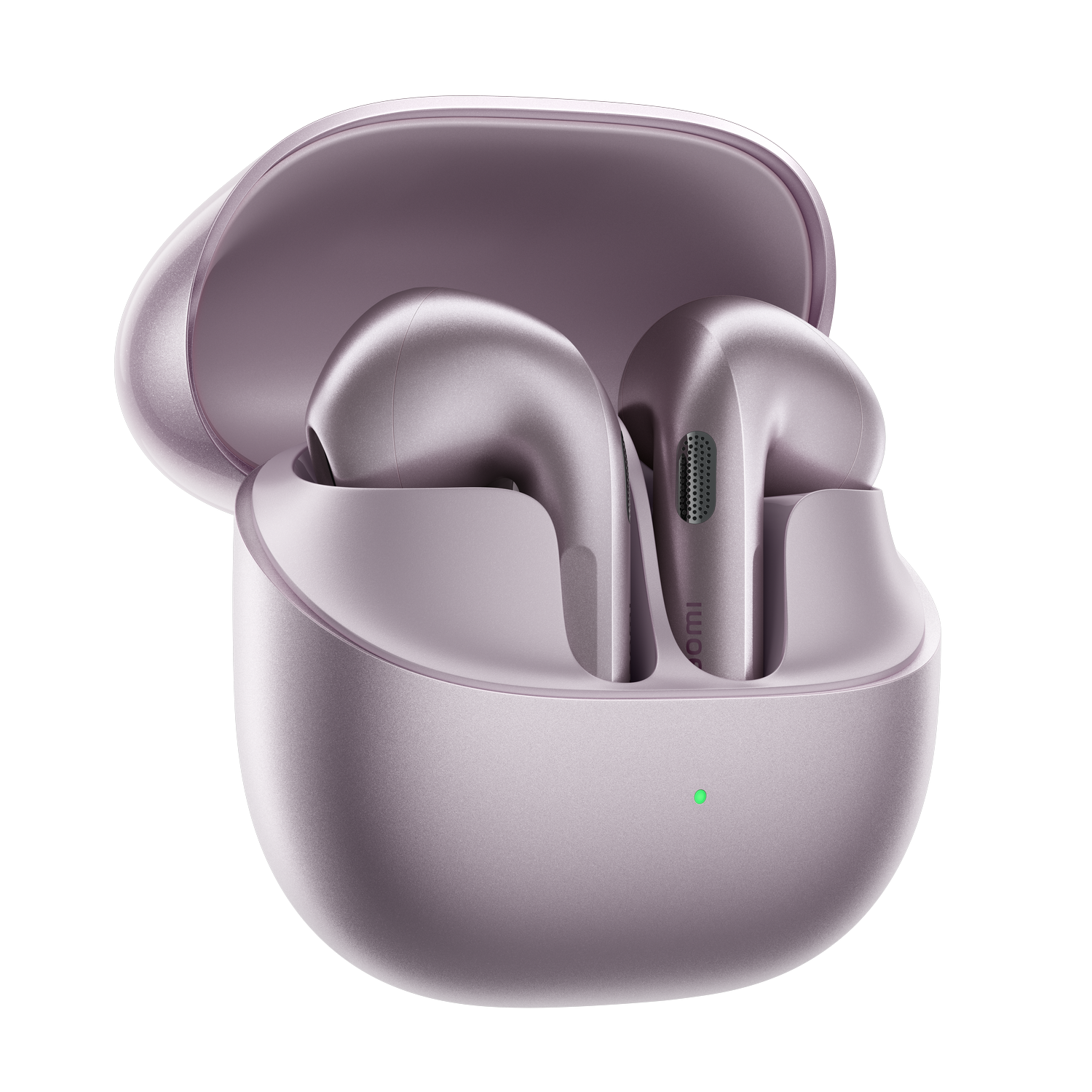 Auriculares inalámbricos morados claros en un estuche de carga abierto con luz indicadora verde.