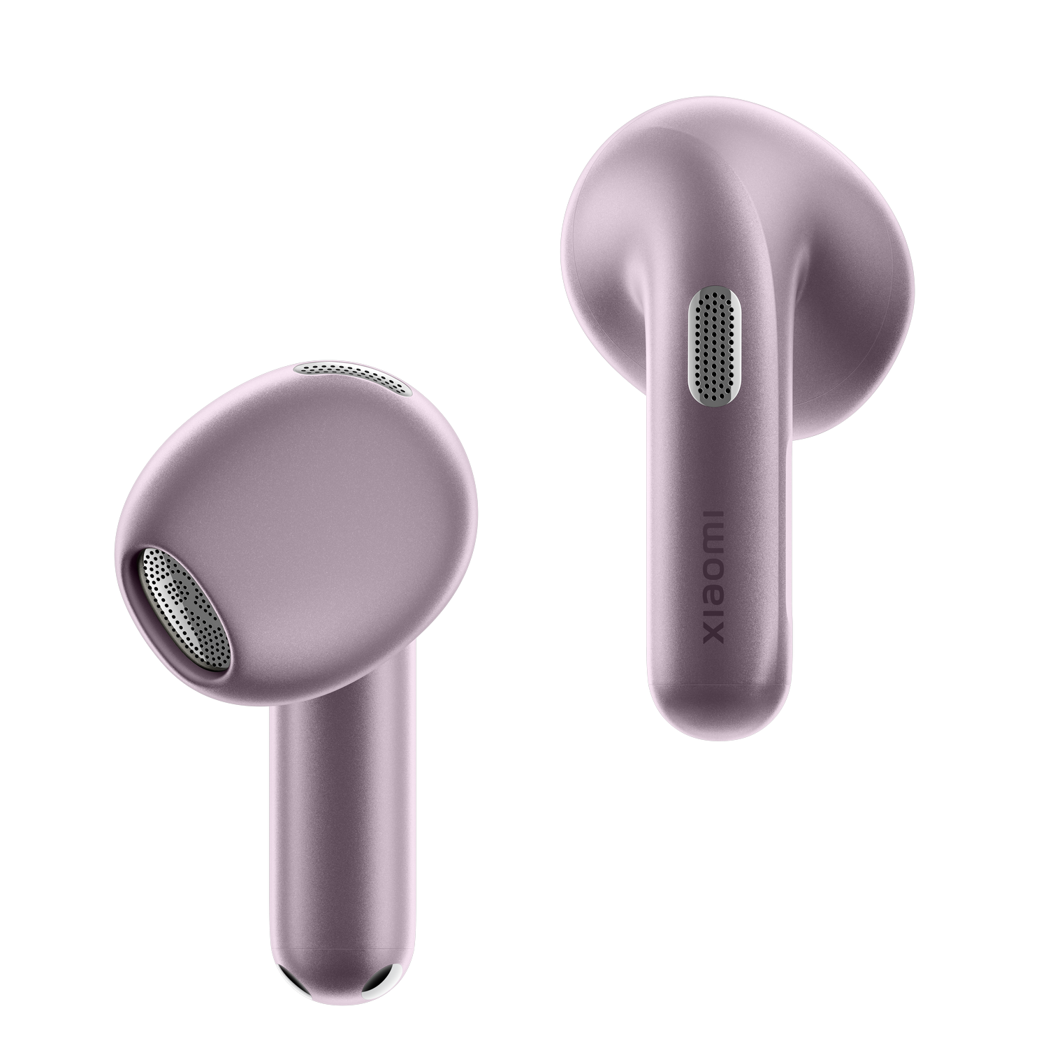 Dos auriculares inalámbricos Xiaomi lavanda sobre fondo gris.