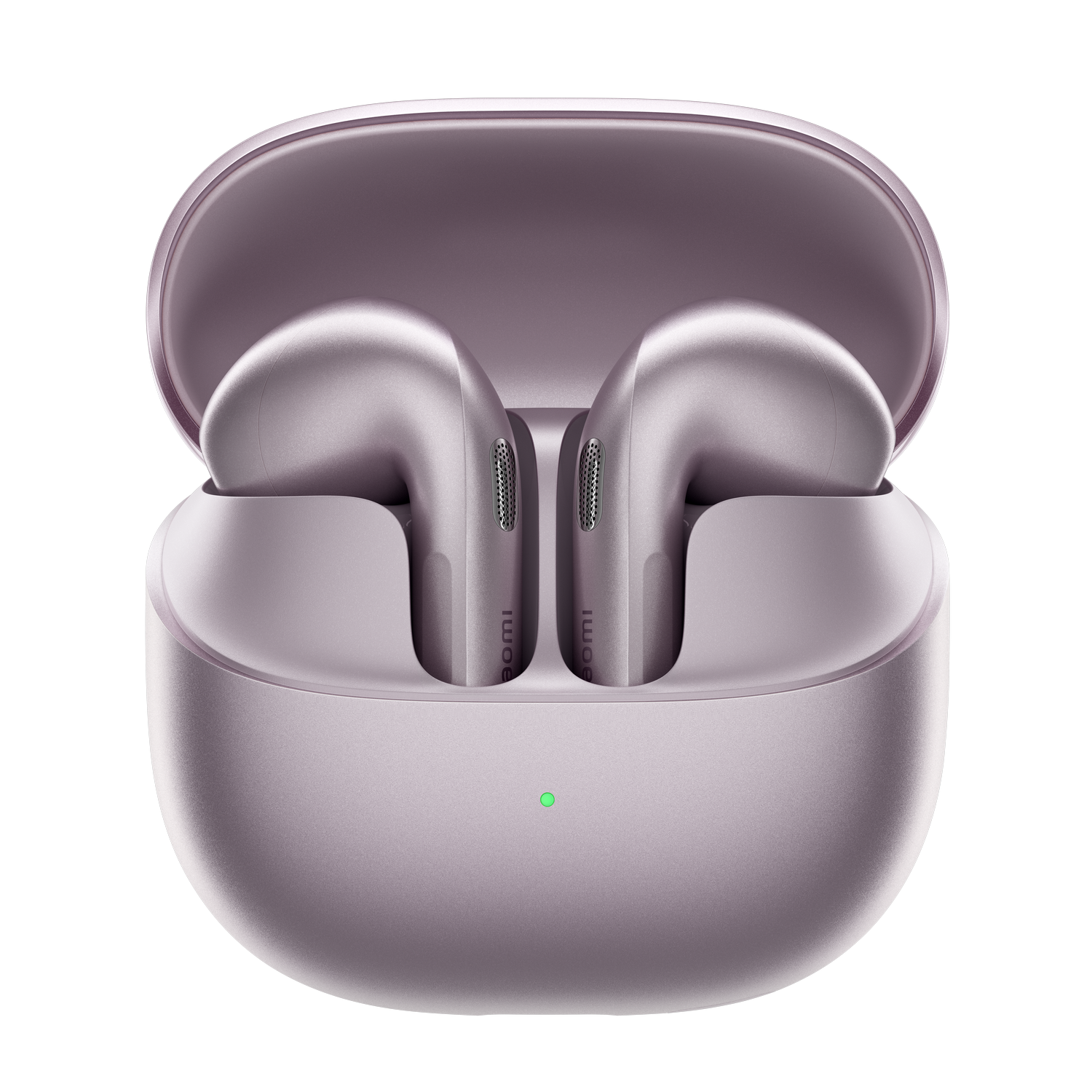 Auriculares inalámbricos morados dentro de un estuche de carga abierto con luz verde.
