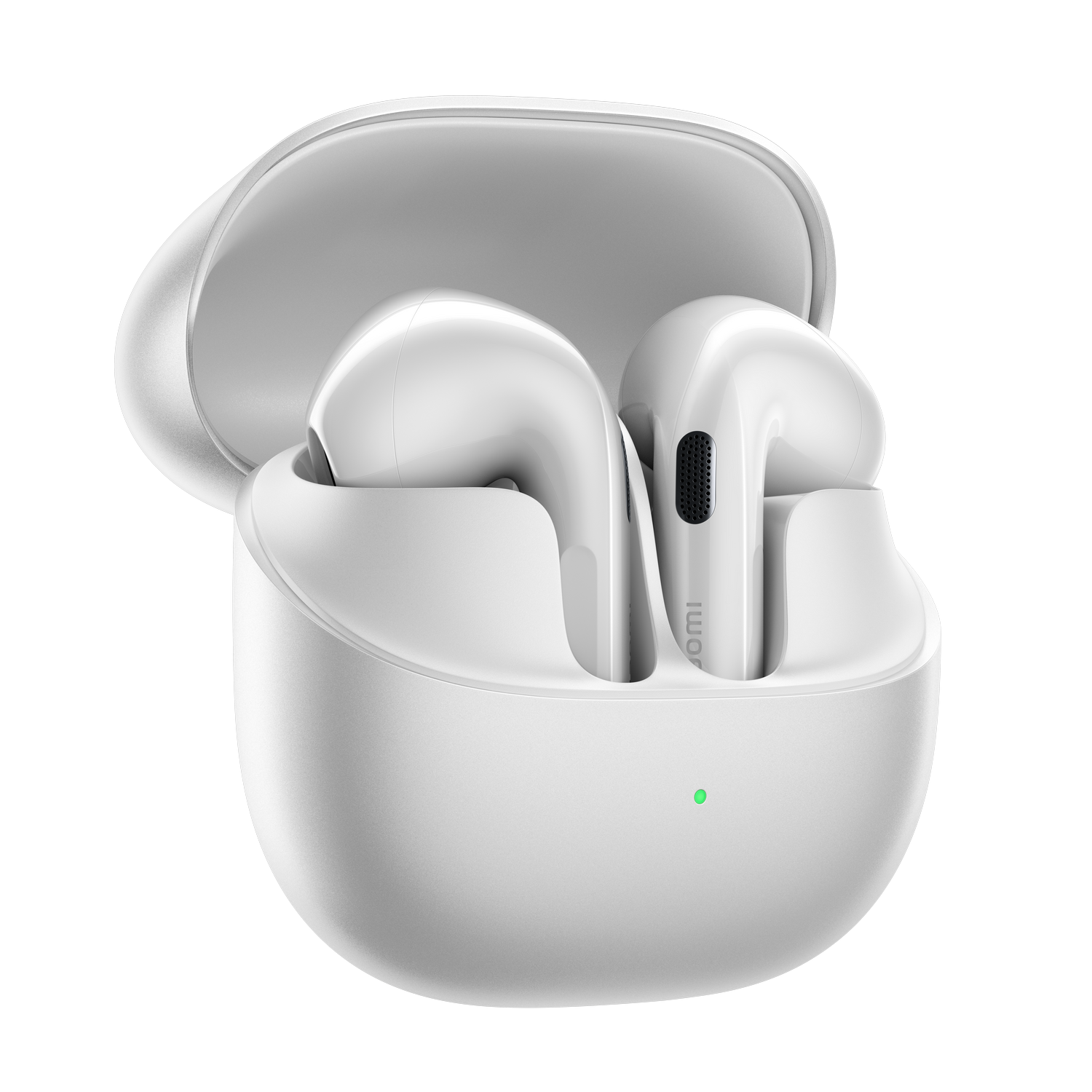 Auriculares inalámbricos blancos en un estuche de carga blanco abierto con luz verde.
