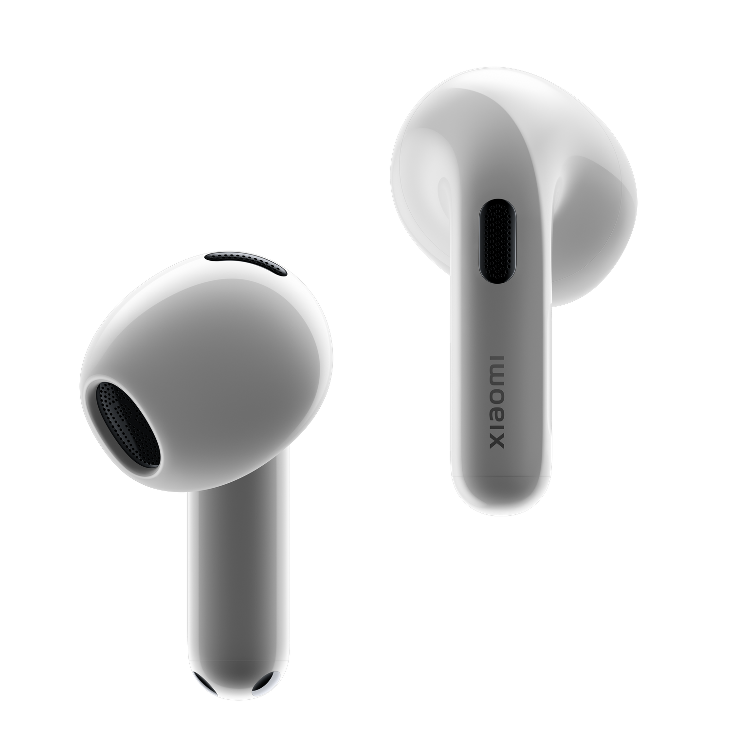Dos auriculares blancos Xiaomi sobre fondo gris.