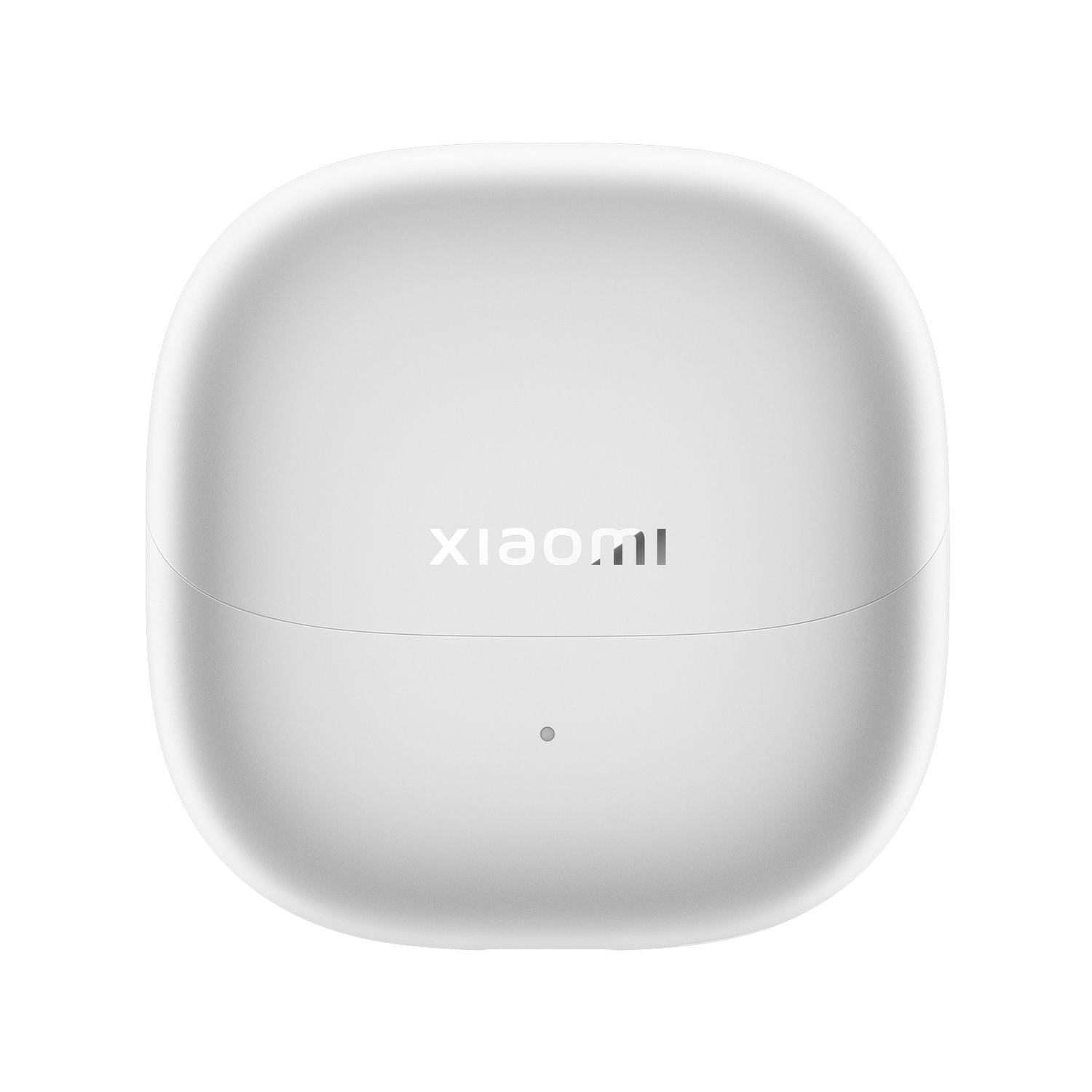 Estuche de carga blanco cerrado para auriculares con logo de Xiaomi.