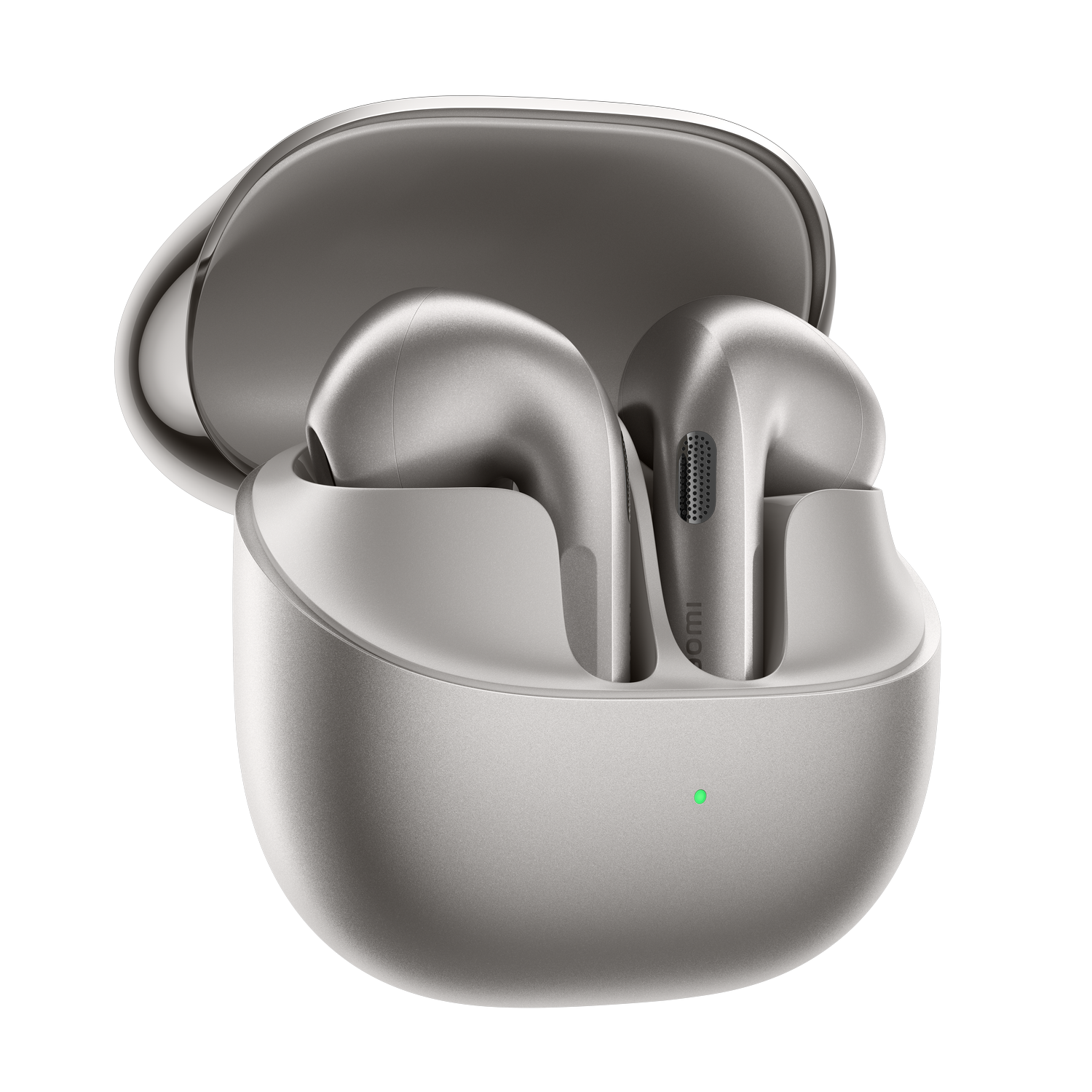 Auriculares inalámbricos plateados en estuche de carga abierto con luz verde.