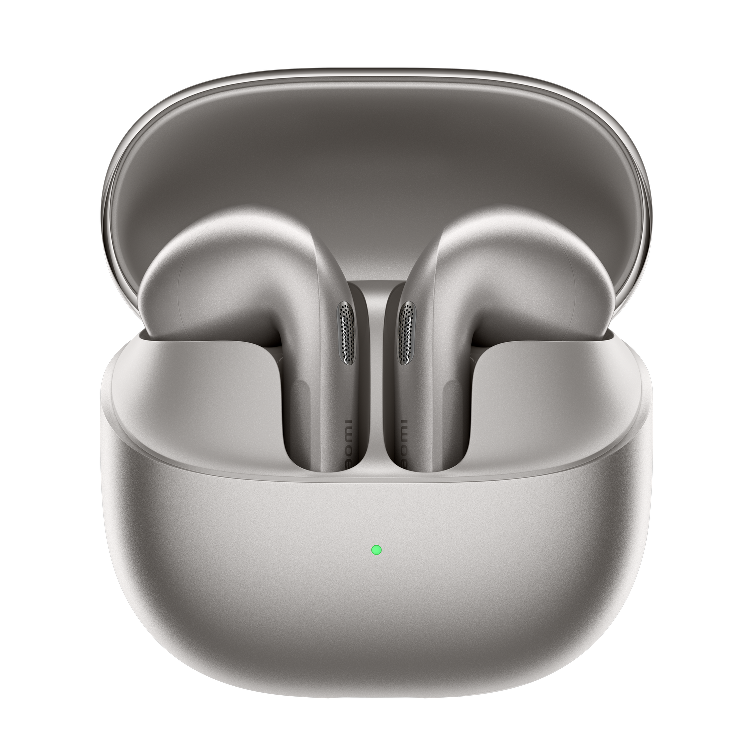 Auriculares inalámbricos plateados en un estuche de carga abierto con luz LED verde.