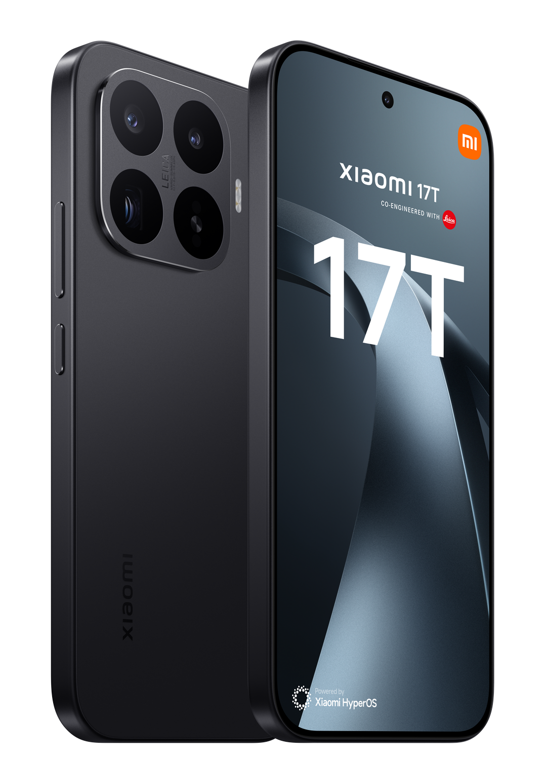 Un smartphone Xiaomi 17T negro con cámara y logo Leica en la pantalla.