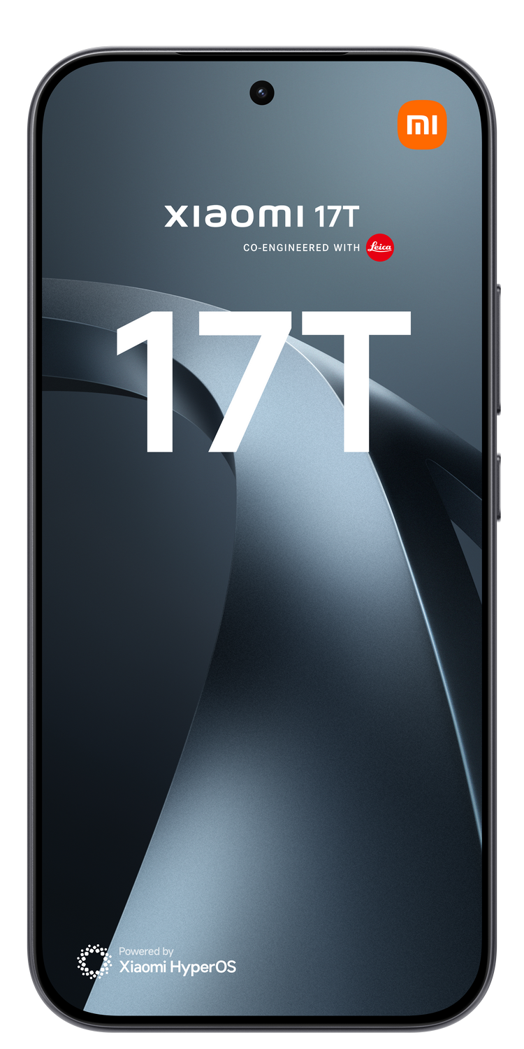Smartphone Xiaomi 17T con coingeniería Leica. Muestra el logo de Xiaomi y 'Powered by Xiaomi HyperOS'.
