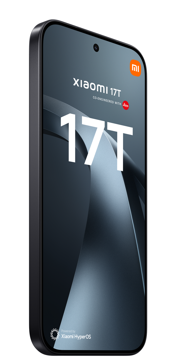 Smartphone Xiaomi 17T negro con logo Leica y texto "17T".