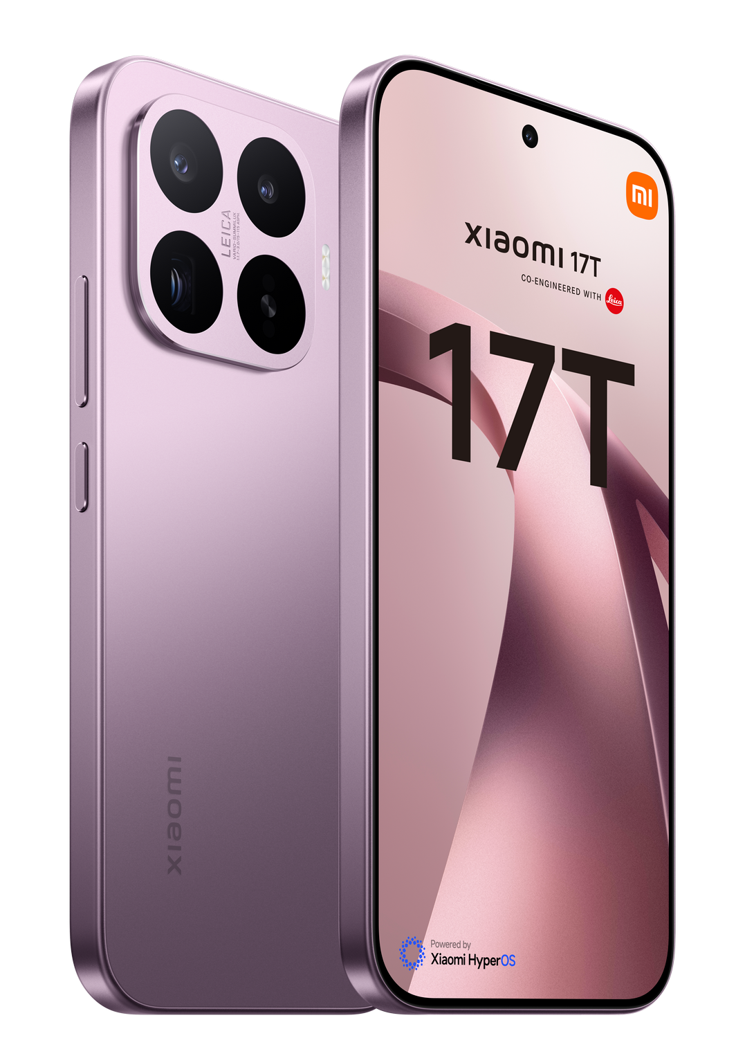 Dos teléfonos Xiaomi 17T morados, uno enfocado en su cámara, el otro mostrando su pantalla.