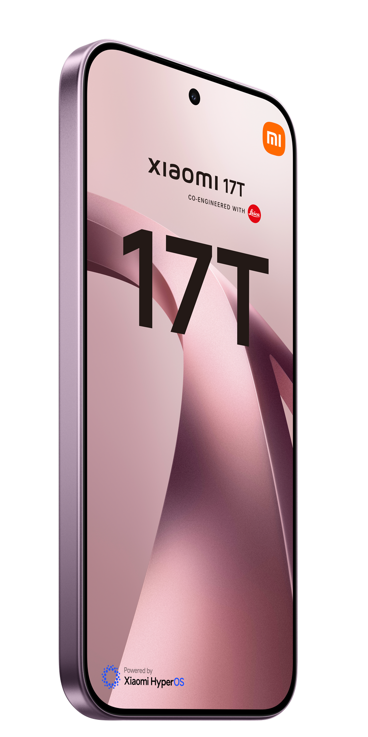 Smartphone Xiaomi 17T morado con logo Leica y Xiaomi HyperOS.