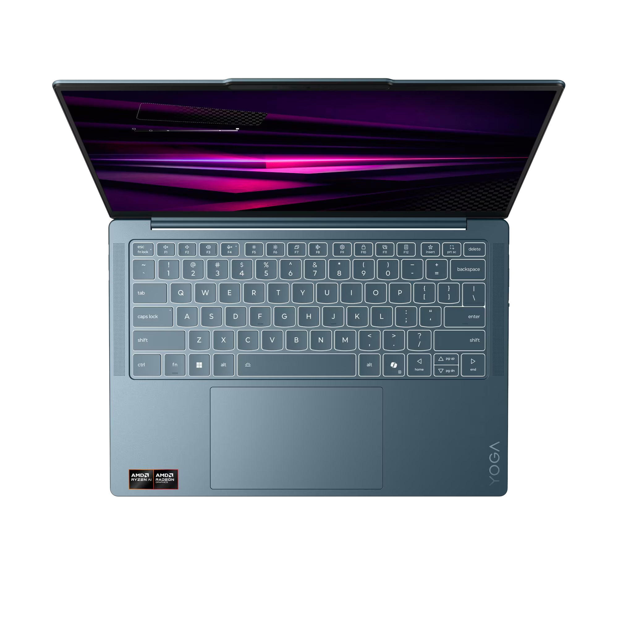 Un portátil azul abierto con teclado retroiluminado y fondo de pantalla colorido.