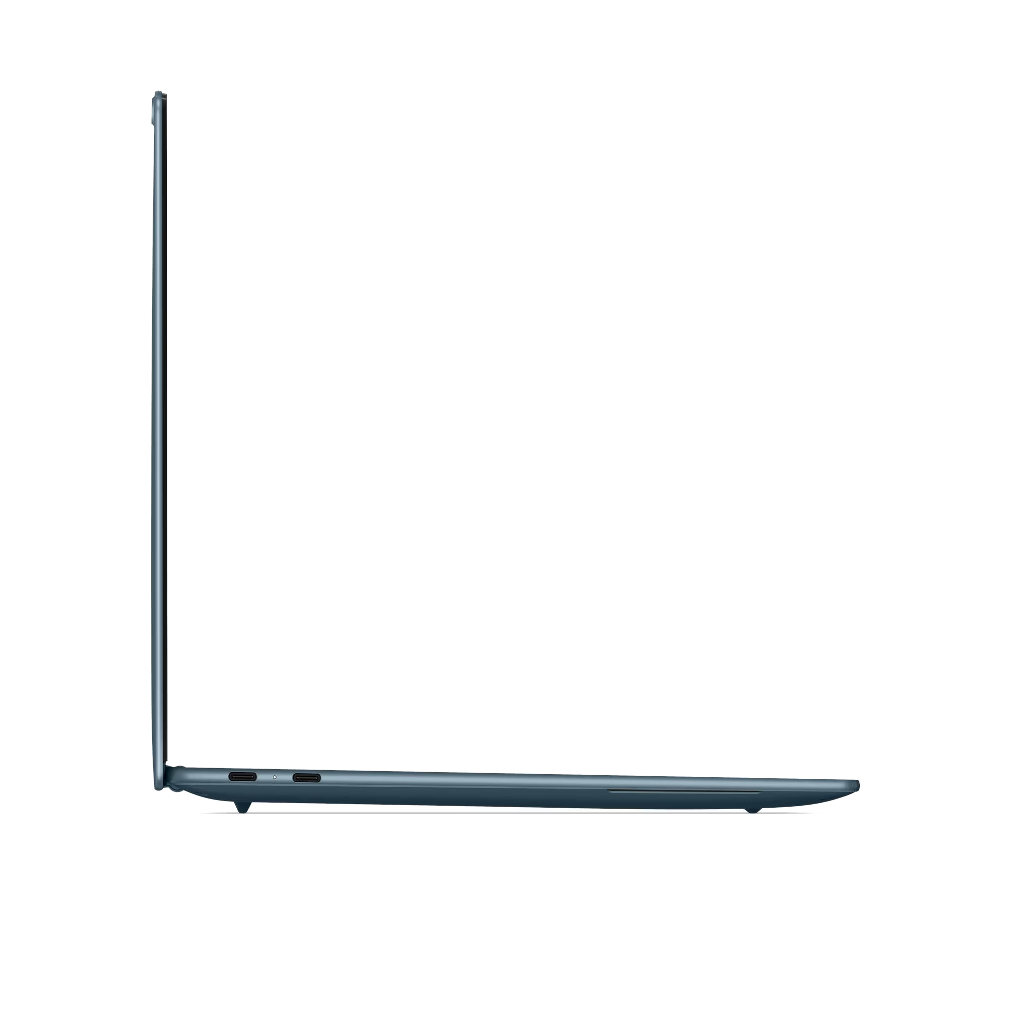 Vista lateral de un portátil azul cerrado con dos puertos USB-C.