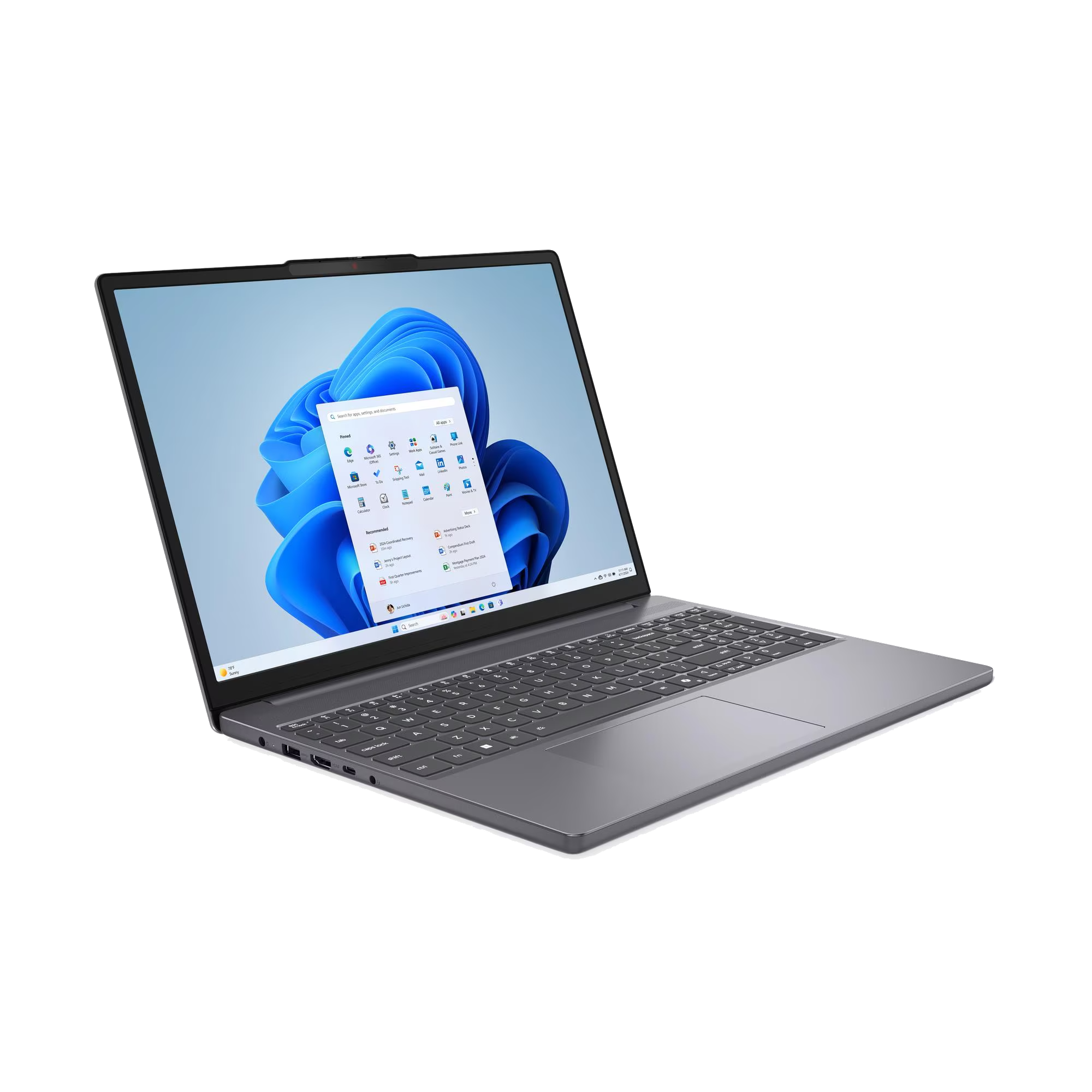 Un portátil gris con la pantalla abierta, mostrando Windows 11.