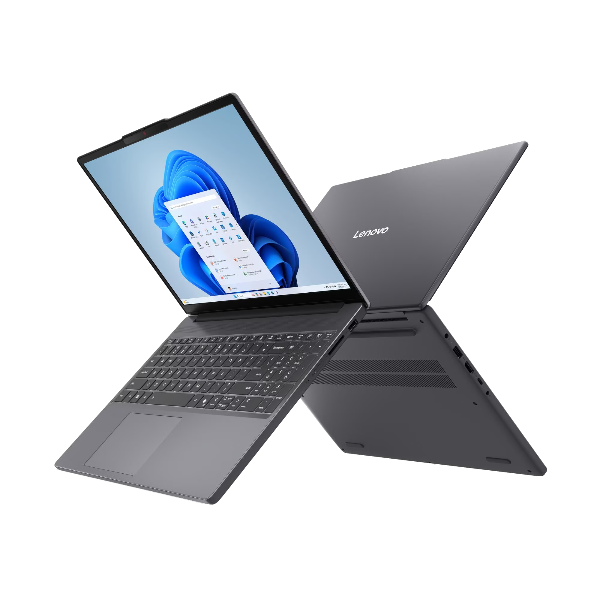 Un portátil Lenovo gris cerrado y uno abierto sobre fondo negro.