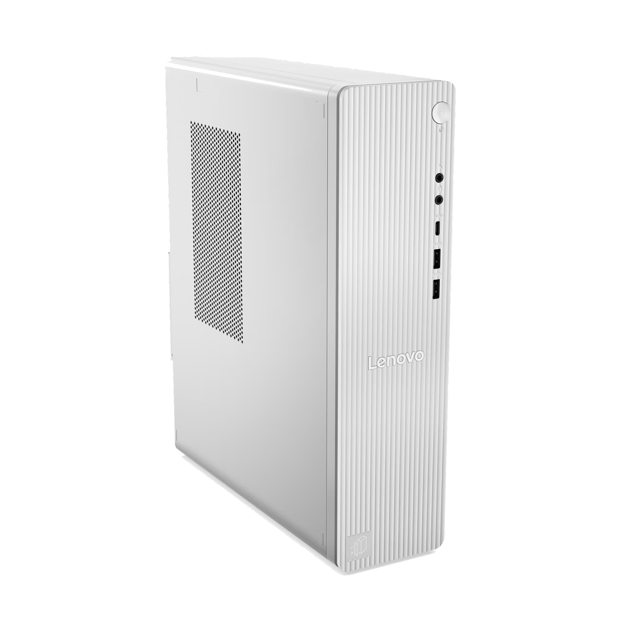 Una torre de PC Lenovo blanca con ranuras verticales y rejilla de ventilación.