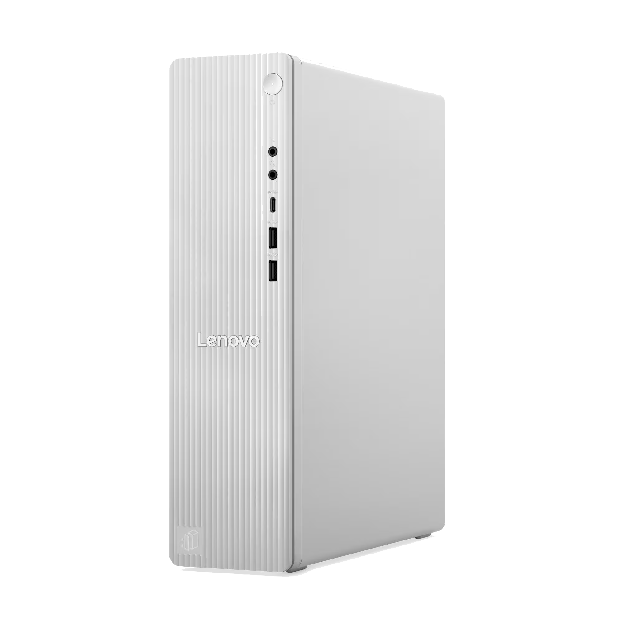 Un PC de sobremesa Lenovo blanco con ranuras verticales y puertos frontales.