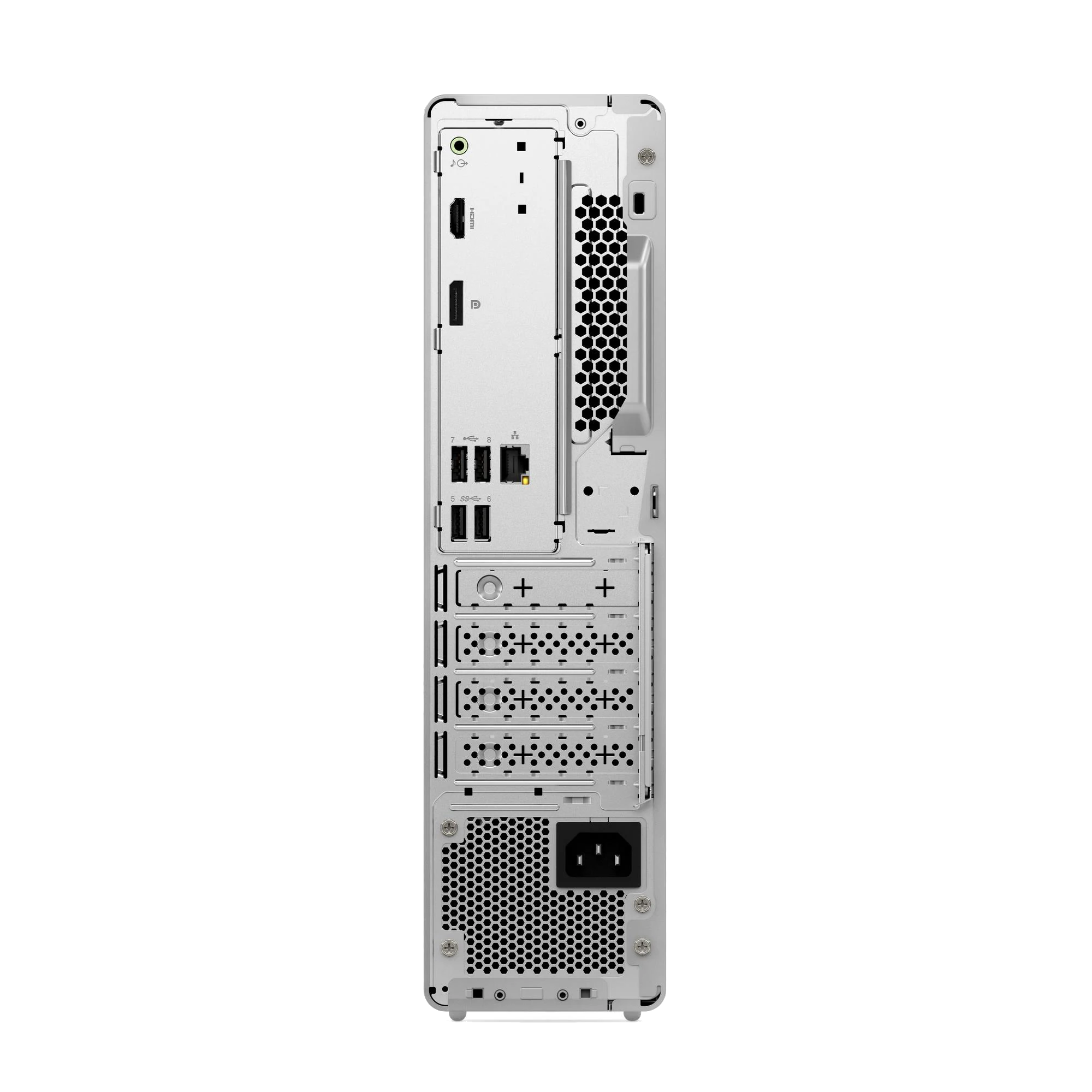 Vista trasera de un ordenador blanco mostrando puertos como USB, HDMI, audio y alimentación.