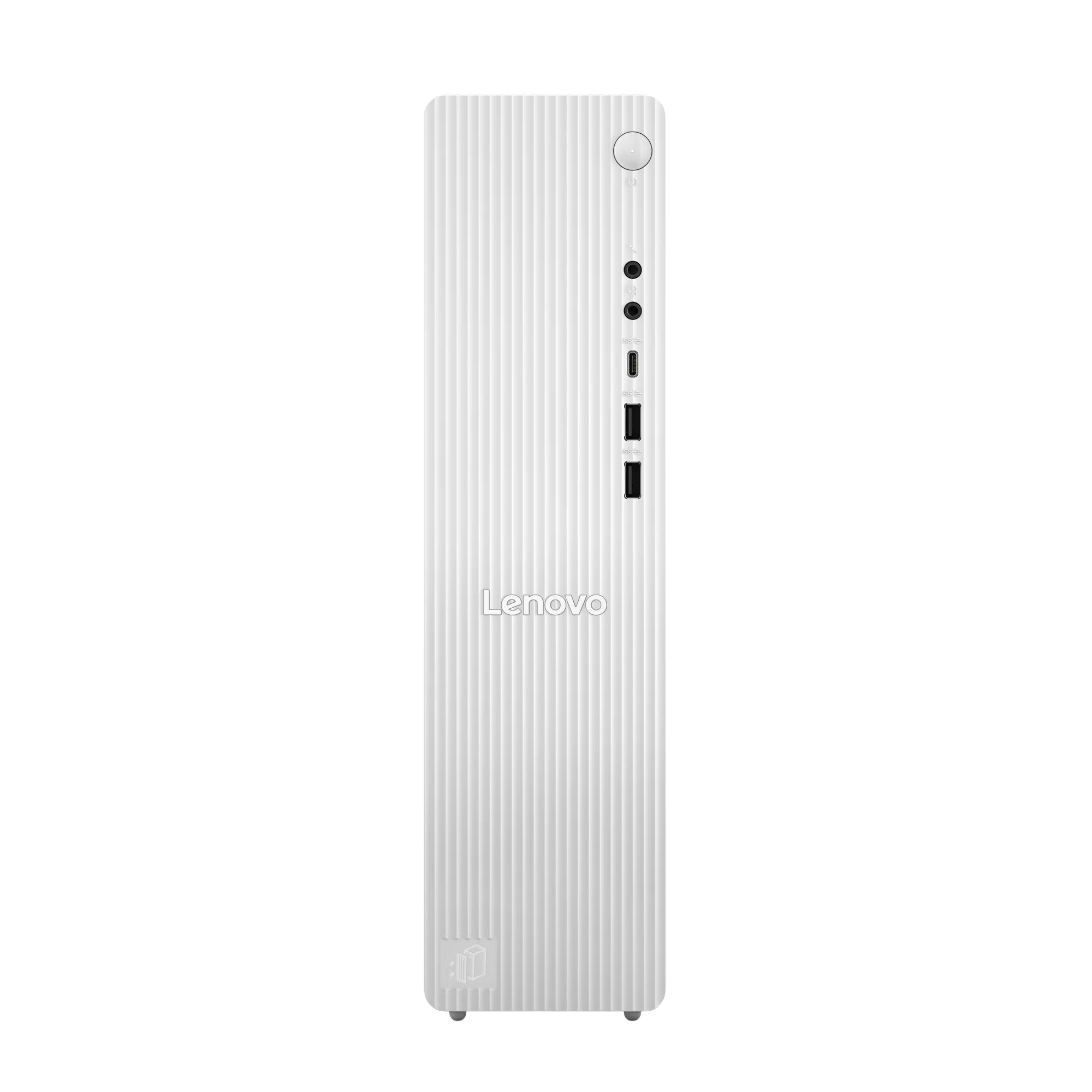 Un PC Lenovo blanco y delgado con ranuras verticales y puertos.