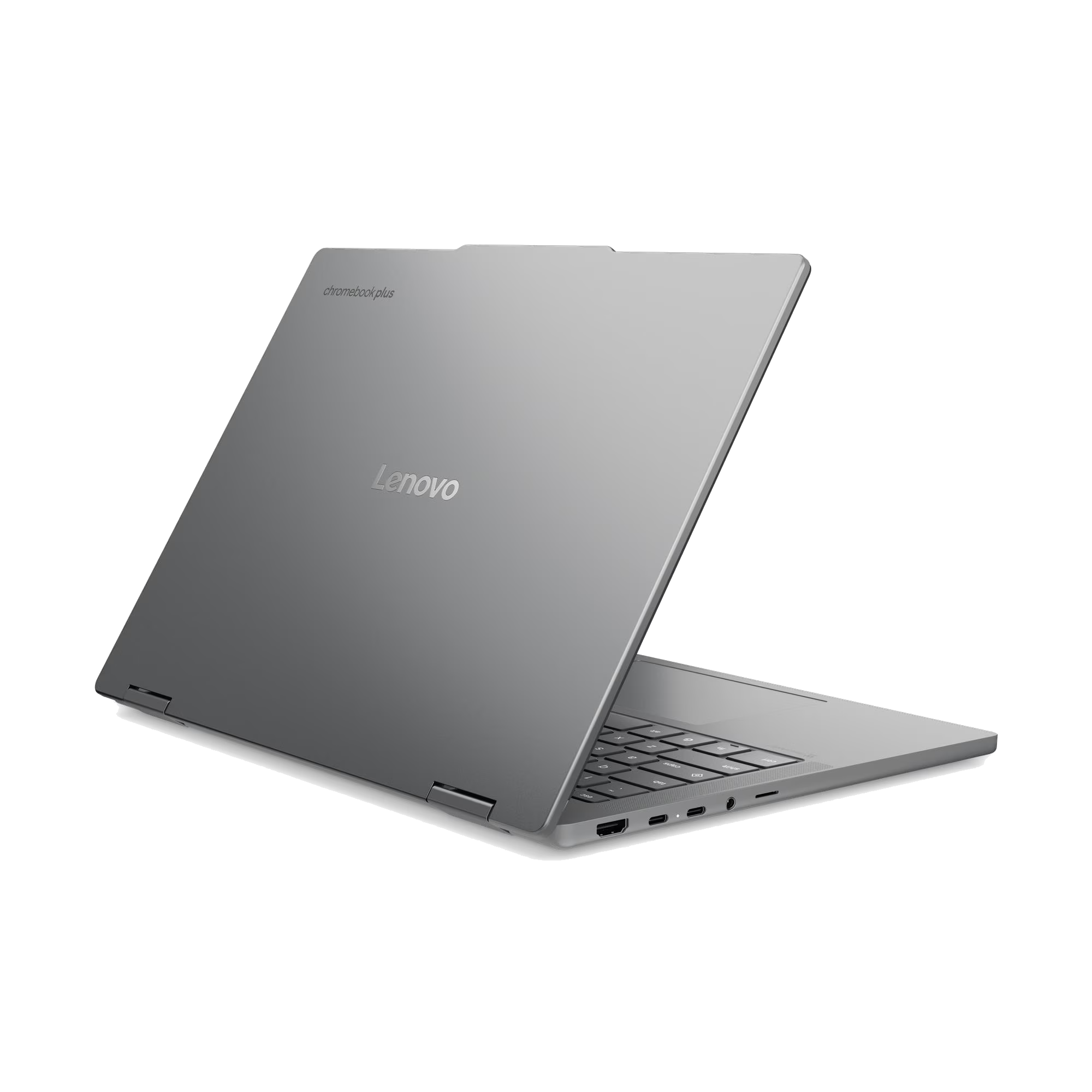 Un portátil Lenovo Chromebook Plus plateado y cerrado sobre fondo negro.