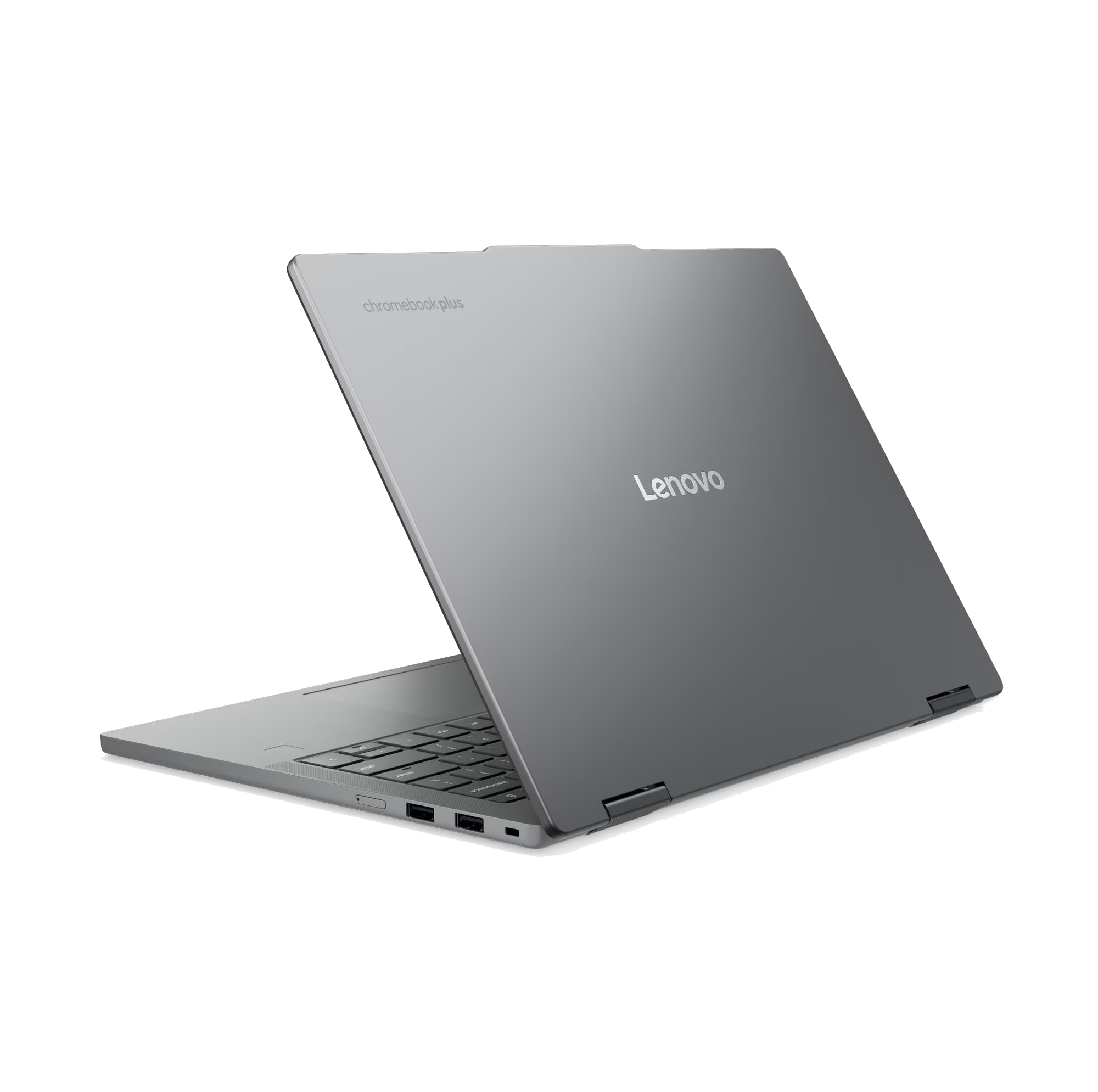 Un portátil plateado Lenovo Chromebook Plus está abierto, mostrando el teclado y los puertos.