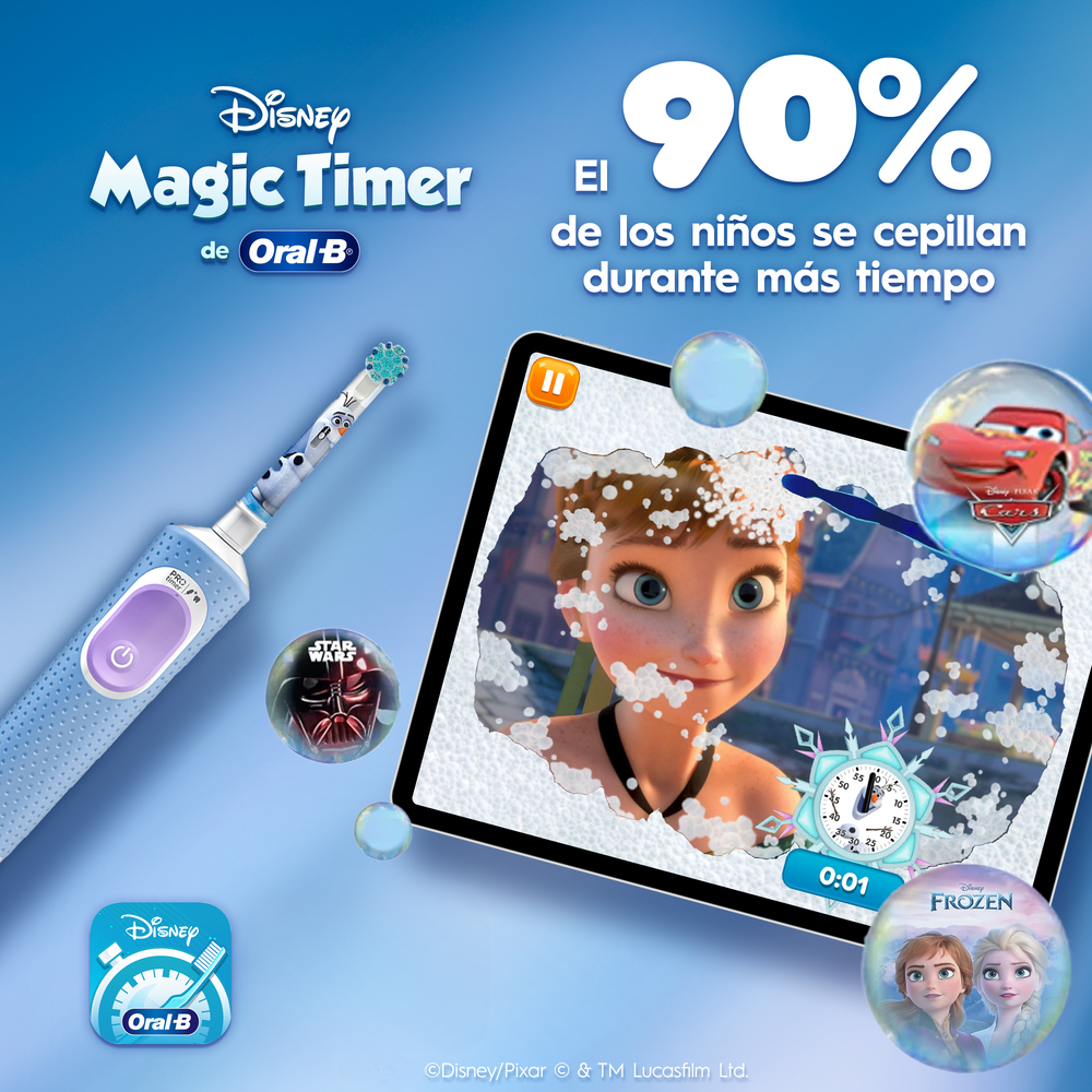Disney magic timer de Oral-B. El 90% de los niños se cepillan durante más tiempo. Disney Oral-B. Disney Pixar & TM Lucasfilm Ltd. 