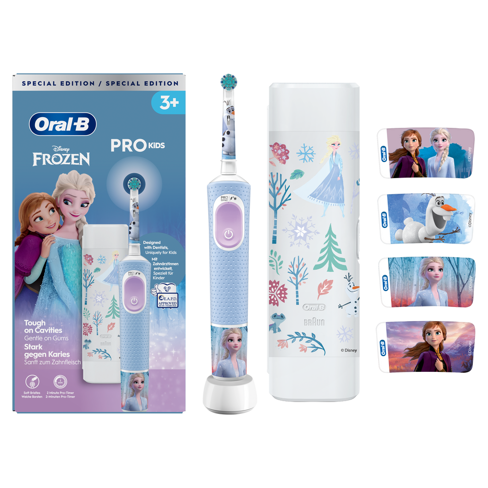 Cepillo de dientes Oral-B Frozen con Olaf, Elsa y Anna. Incluye estuche y pegatinas.