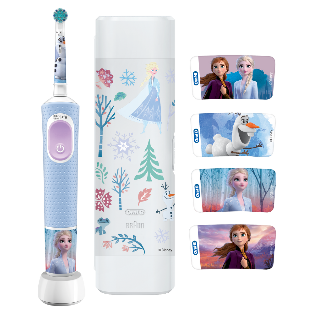 Un cepillo de dientes eléctrico azul claro con diseños de Elsa y Olaf, junto a un estuche.