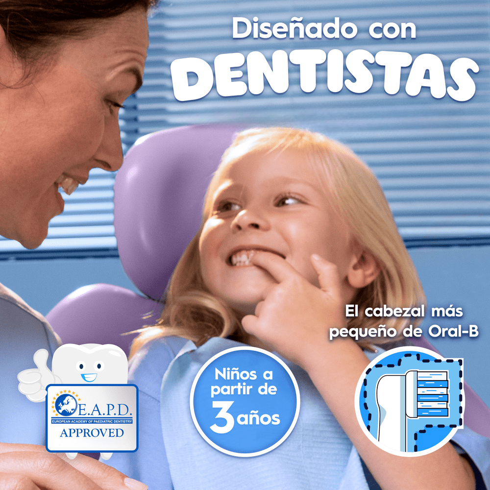 Diseñado con dentistas. Aprobado por la EAPD (European Academy of Pediatric Dentristy). Niños a partir de 3 años. El cabezal más pequeño de Oral-B