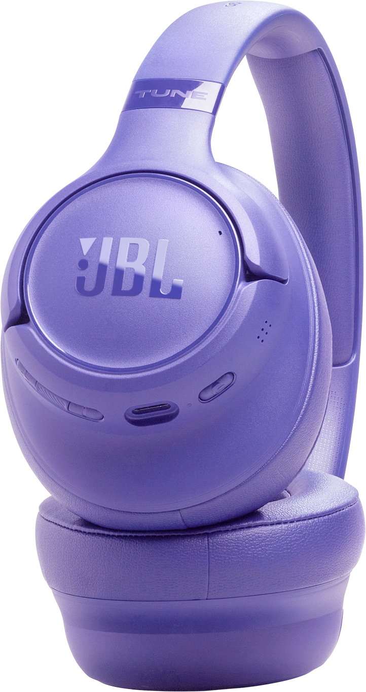 Lila JBL Kopfhörer mit silbernen Akzenten auf schwarzem Hintergrund.