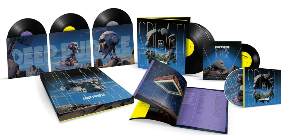 Sammlung von Deep Purple Schallplatten und CDs mit Sci-Fi-Artwork von Robotern und Statuen.