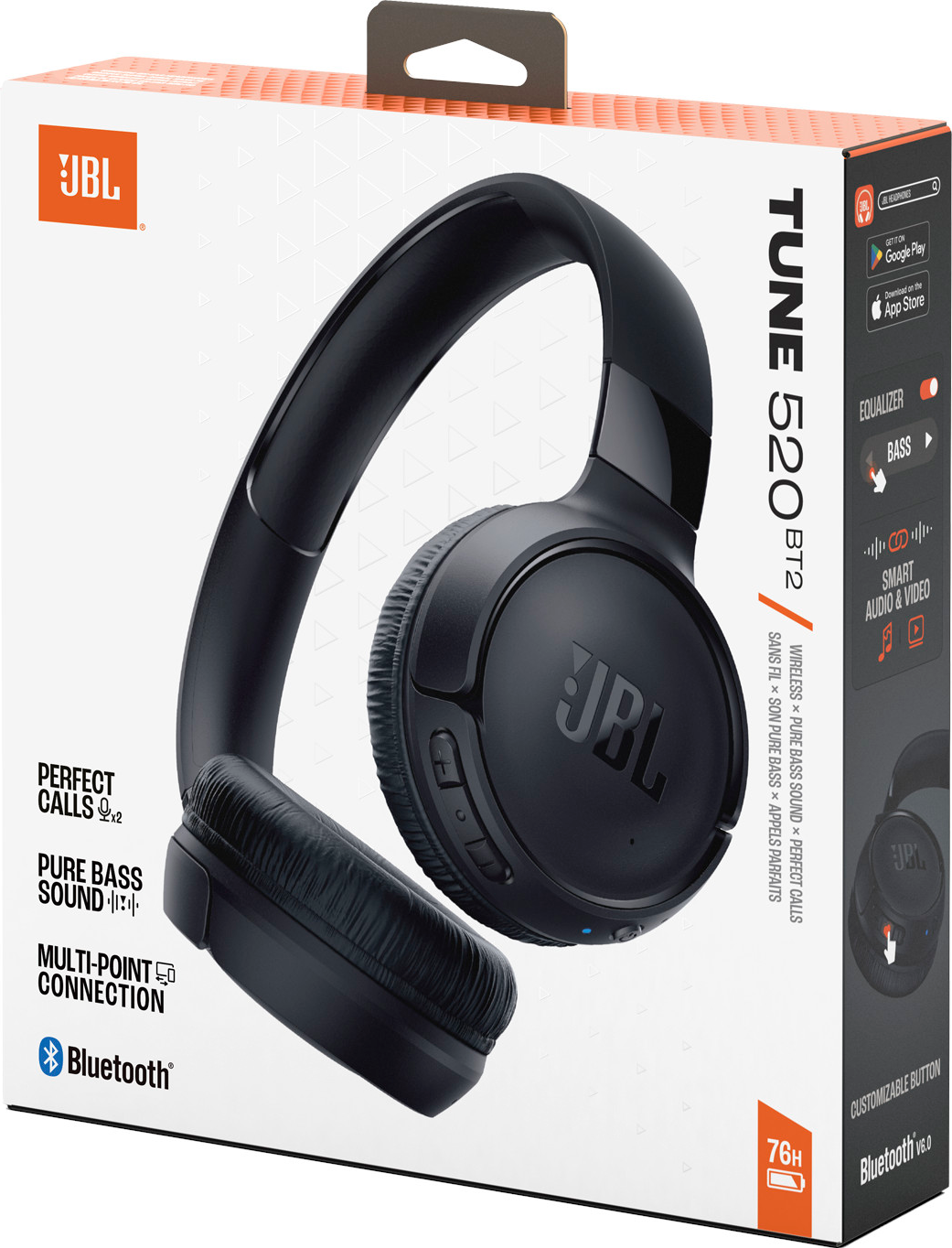 Casque JBL Tune 520BT2 noir dans son emballage avec texte.