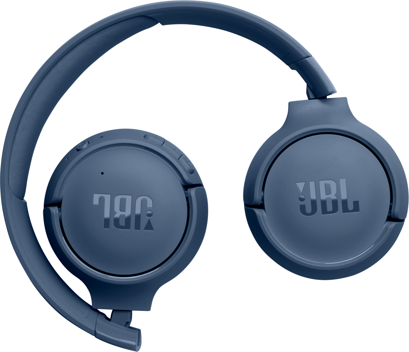 Casque JBL bleu avec écouteurs et arceau sur fond noir.