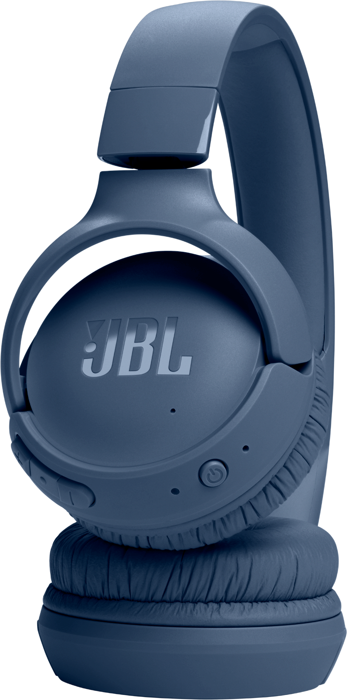 Casque JBL bleu foncé avec coussinets et arceau rembourrés. Gros plan.
