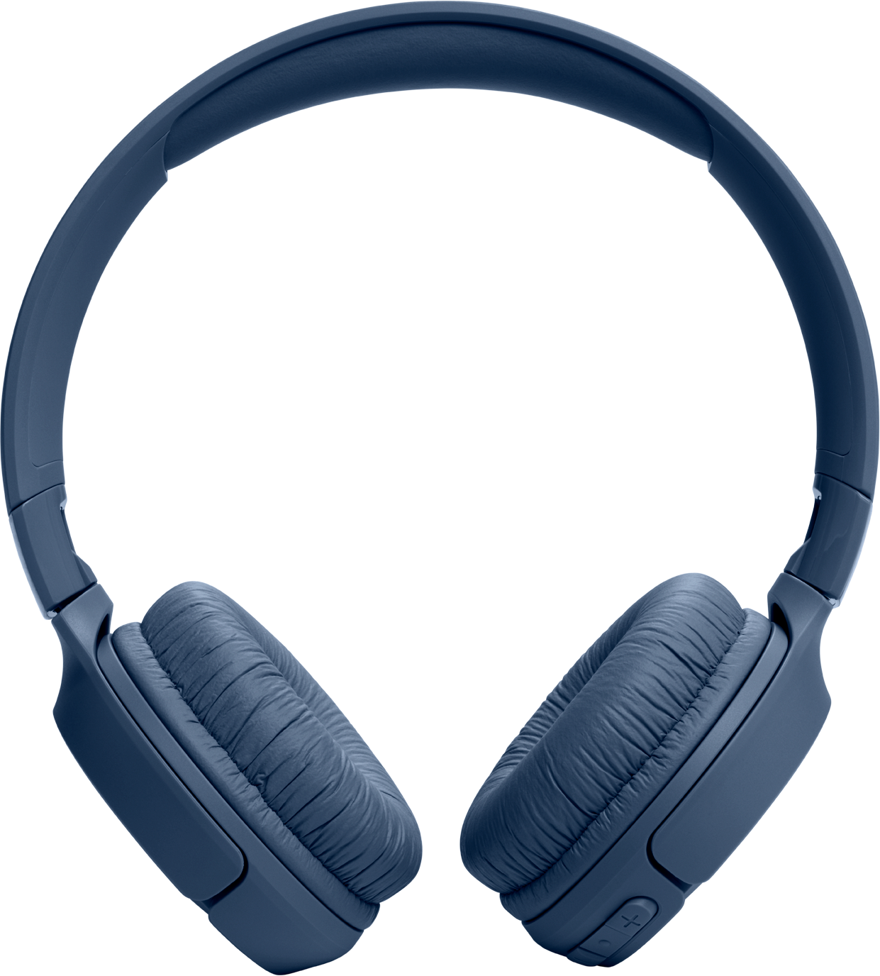 Casque sans fil bleu foncé avec coussinets d'oreille sur fond noir.