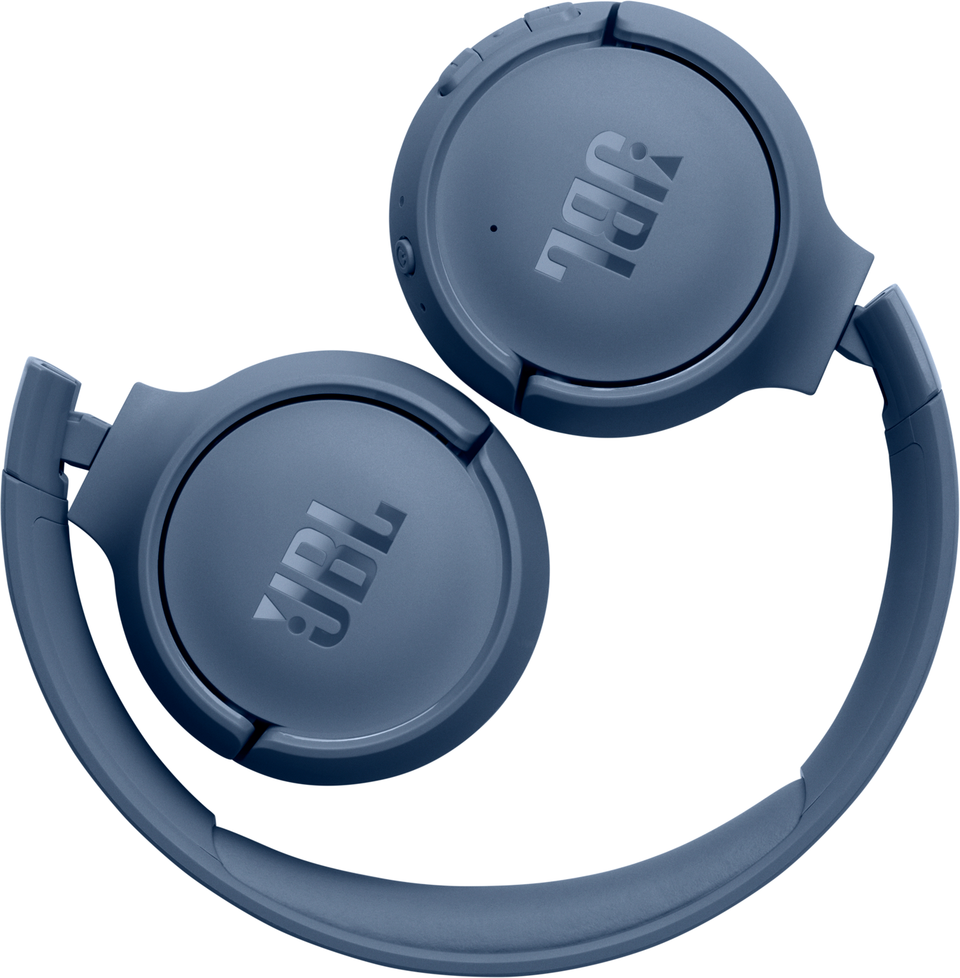 Casque JBL bleu avec écouteurs et arceau pliés sur fond noir.