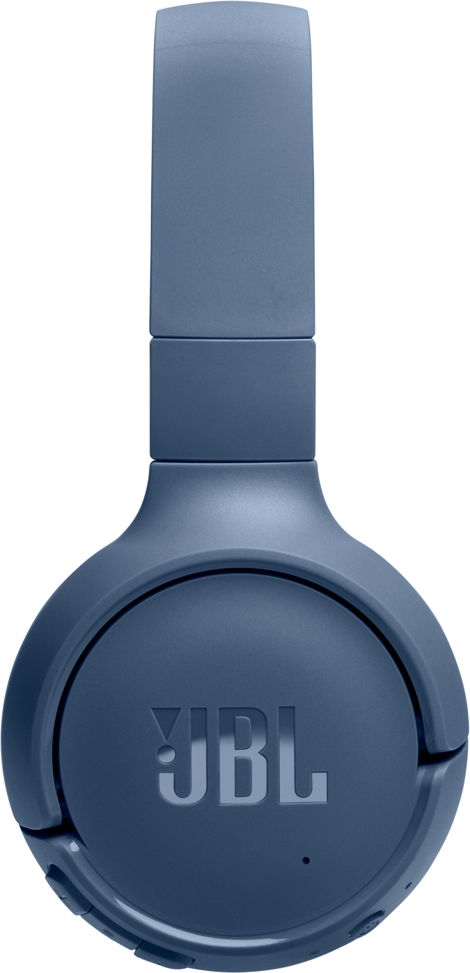 Un écouteur JBL bleu sur fond noir.