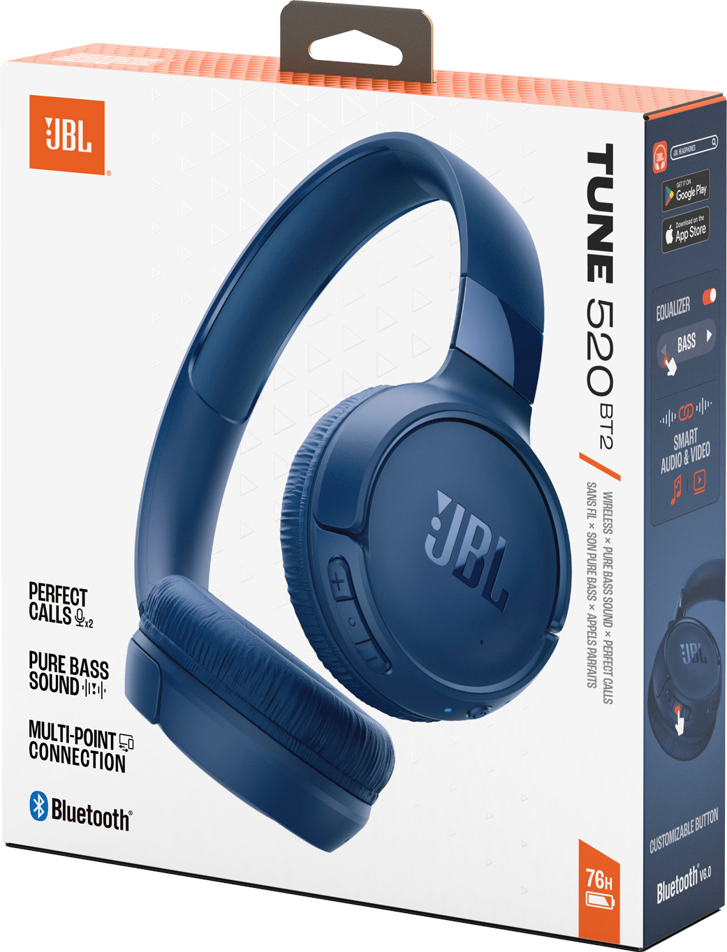 Emballage d'écouteurs JBL Tune 520 BT2 bleu foncé avec fonctionnalités.