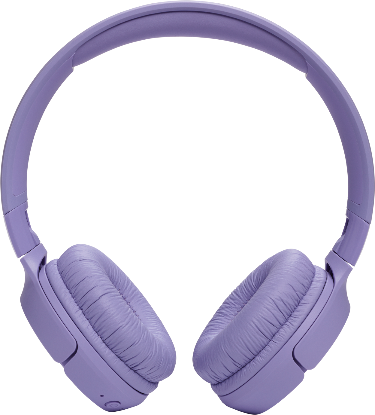 Un paio di cuffie viola over-ear con paraorecchie peluche su sfondo nero.