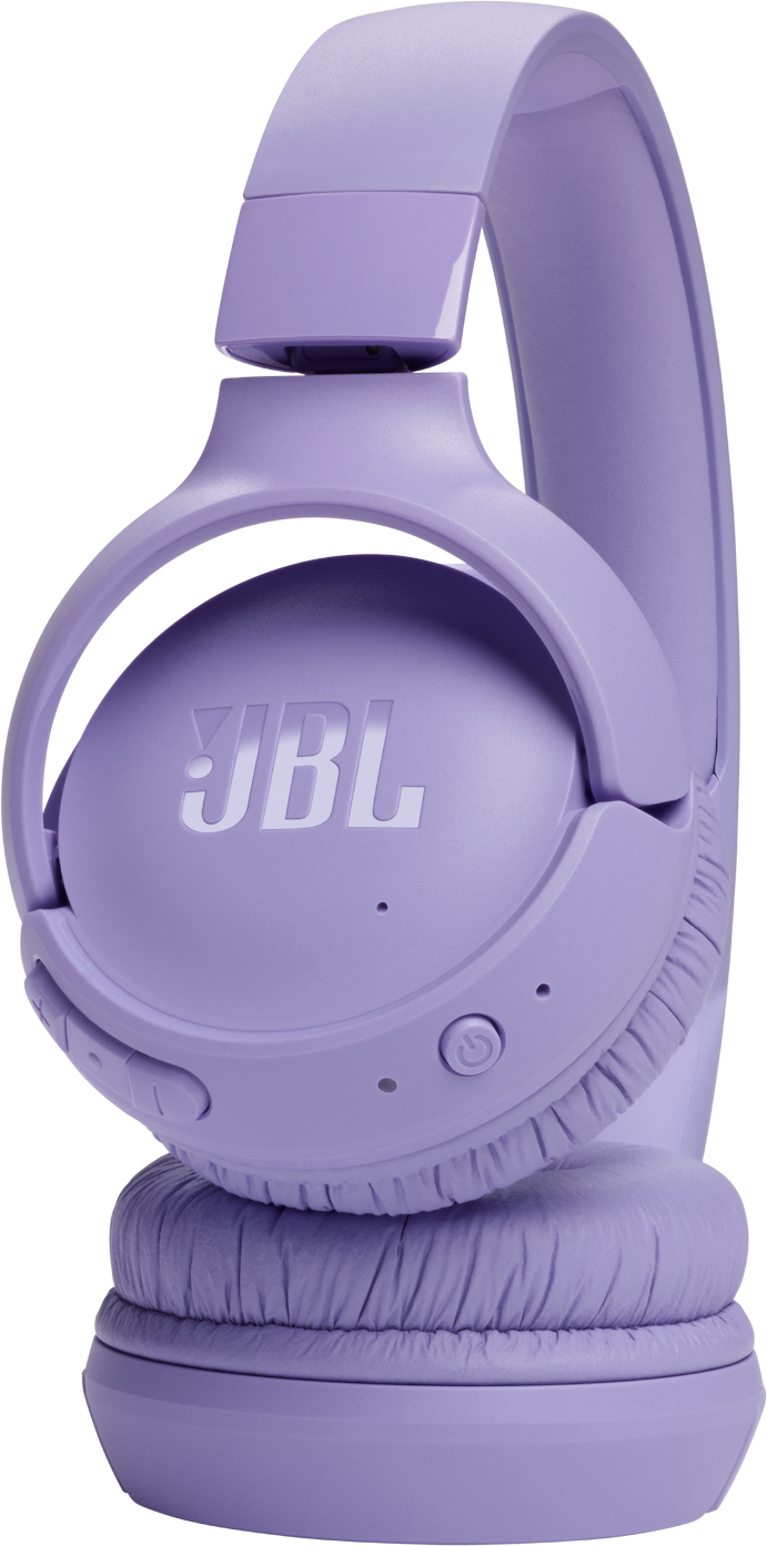 Cuffie lavanda con logo JBL e pulsanti di controllo.